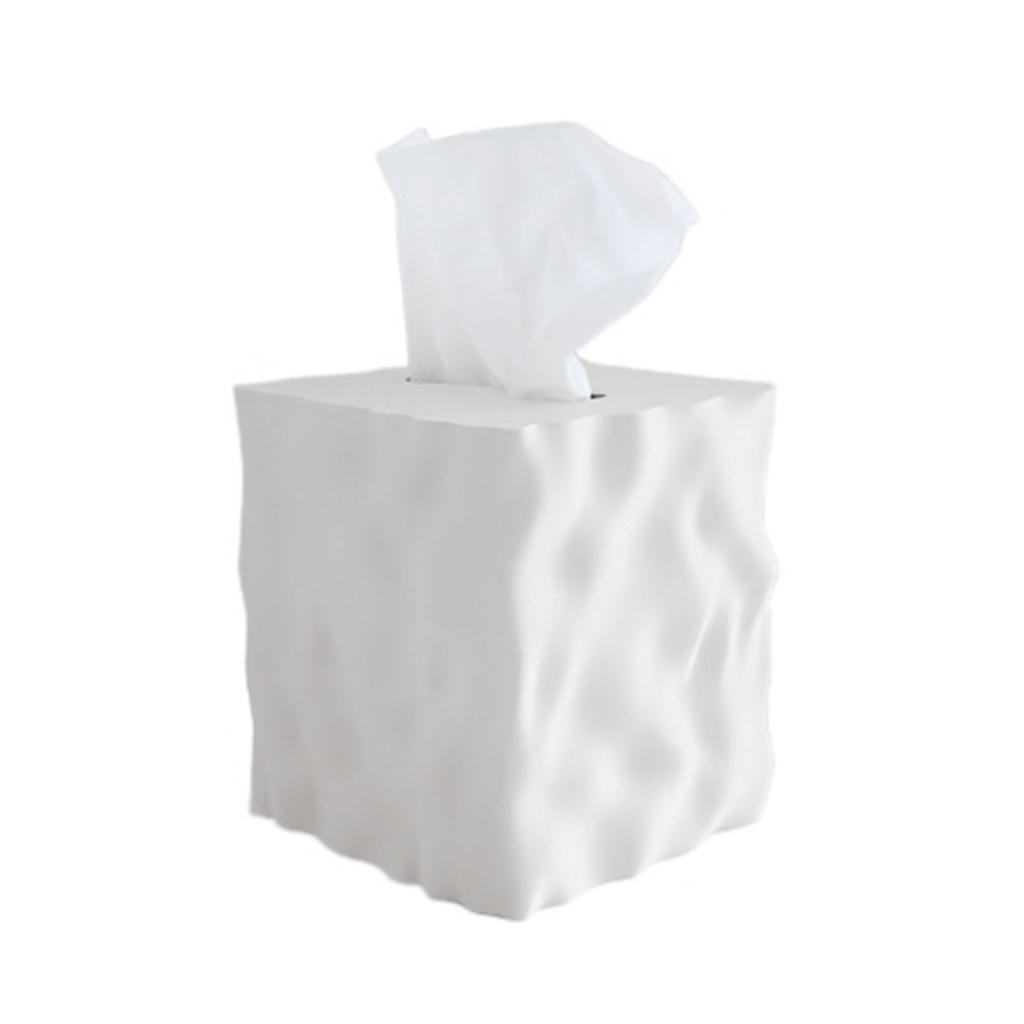 White Flow 3D printed tissue box cover with a wave texture on a white background