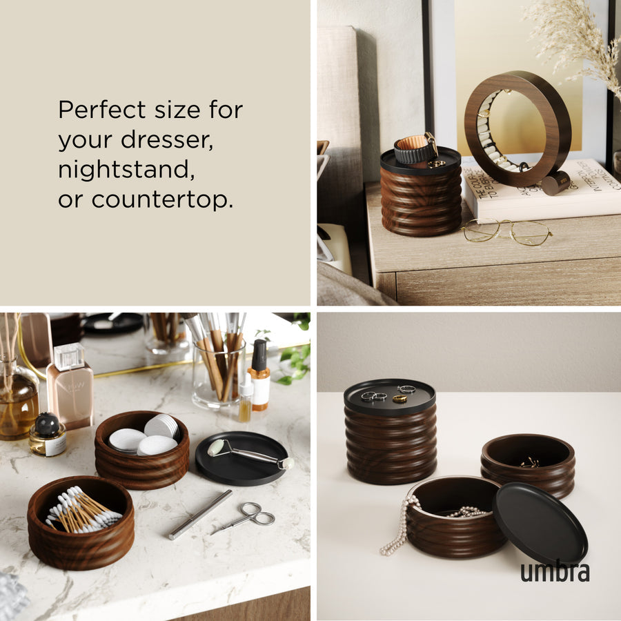 Umbra Tesora storage box in walnut, sized for a dresser, nightstand or countertop
