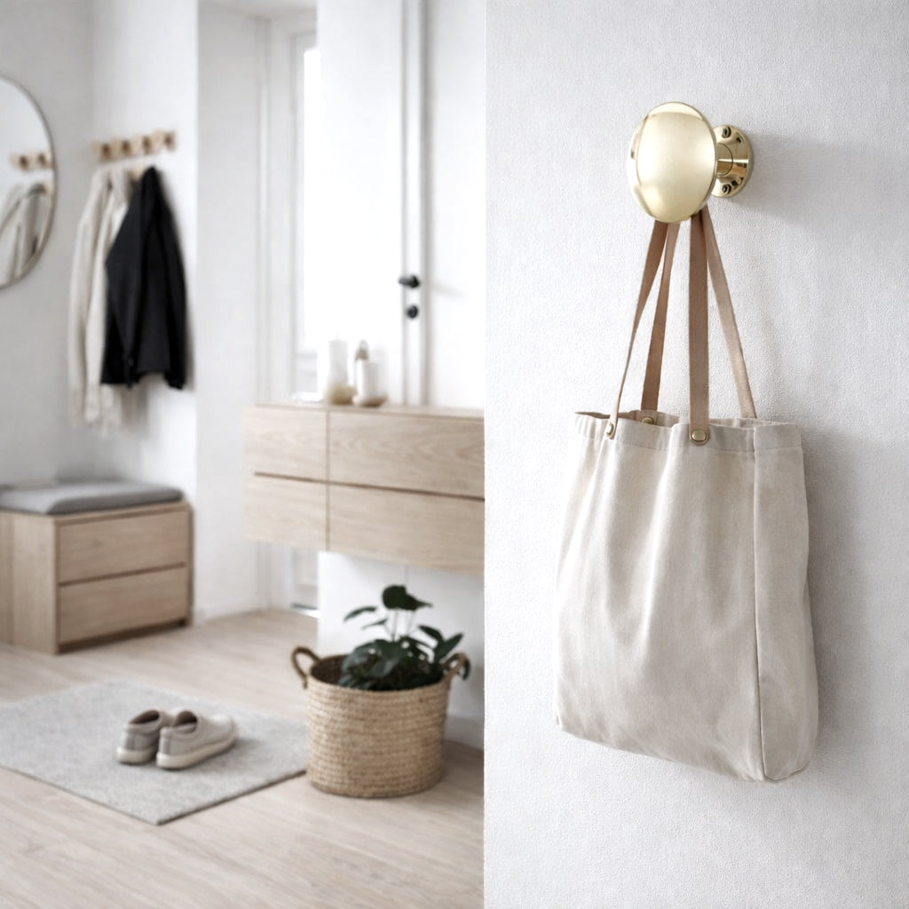Brass button hook mounted in an entryway holding a tote bag