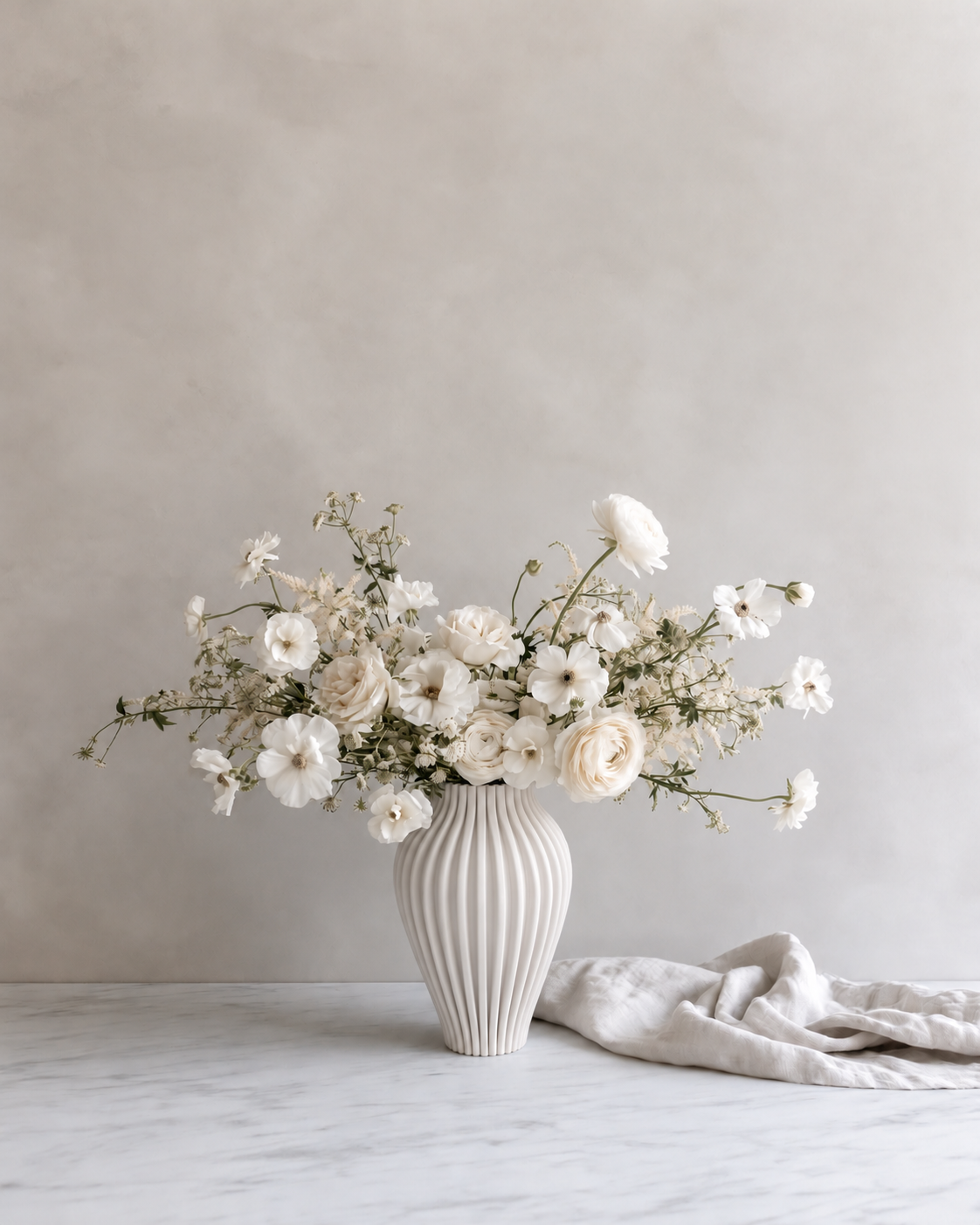 Brigitte 3D Ceramic Vase in white, large, with a loose white flower arrangement on a marble surface