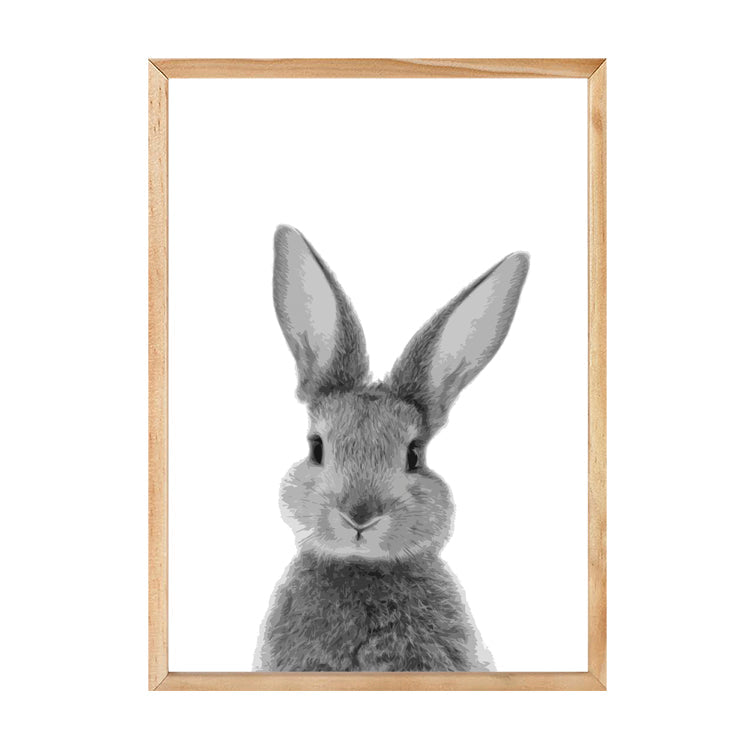 Bunny Front print in a natural timber frame, on white