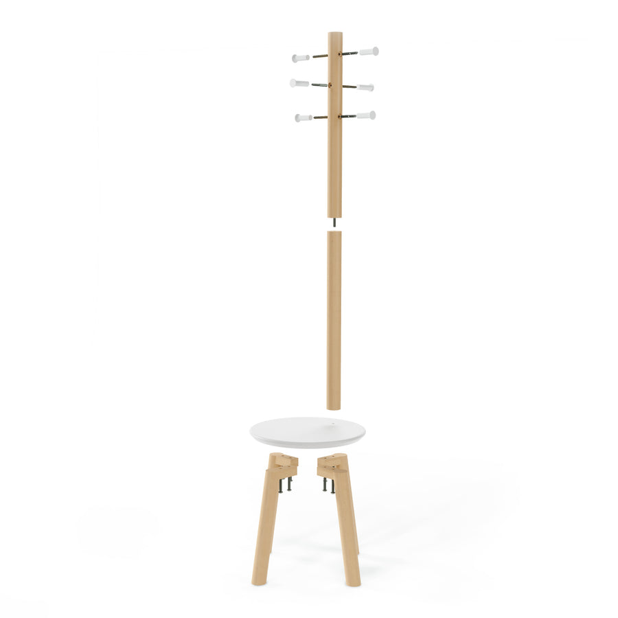 Umbra Pillar stool and coat rack in natural, exploded view of the hooks, post and seat