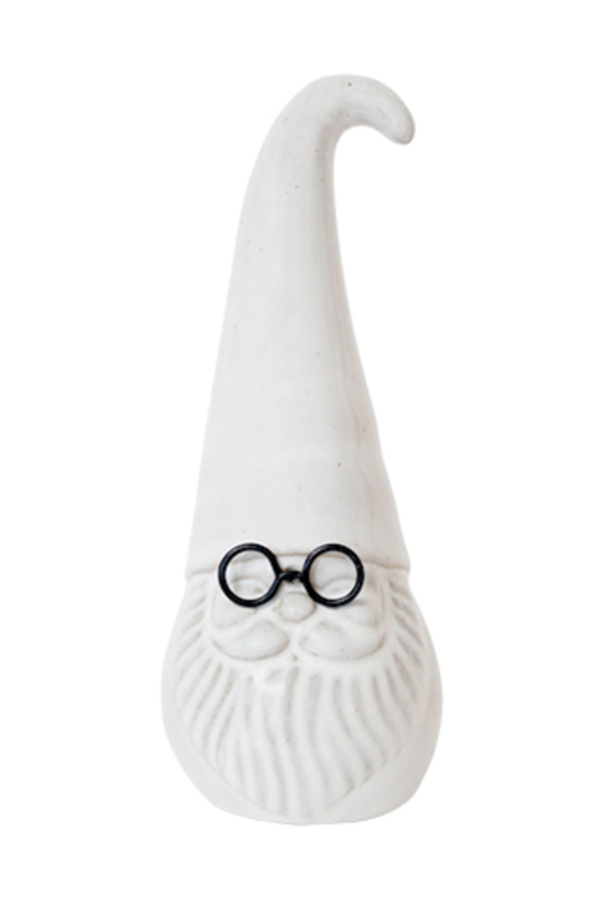 Tall white ceramic Santa with a textured beard, long hat and black metal glasses, 19cm
