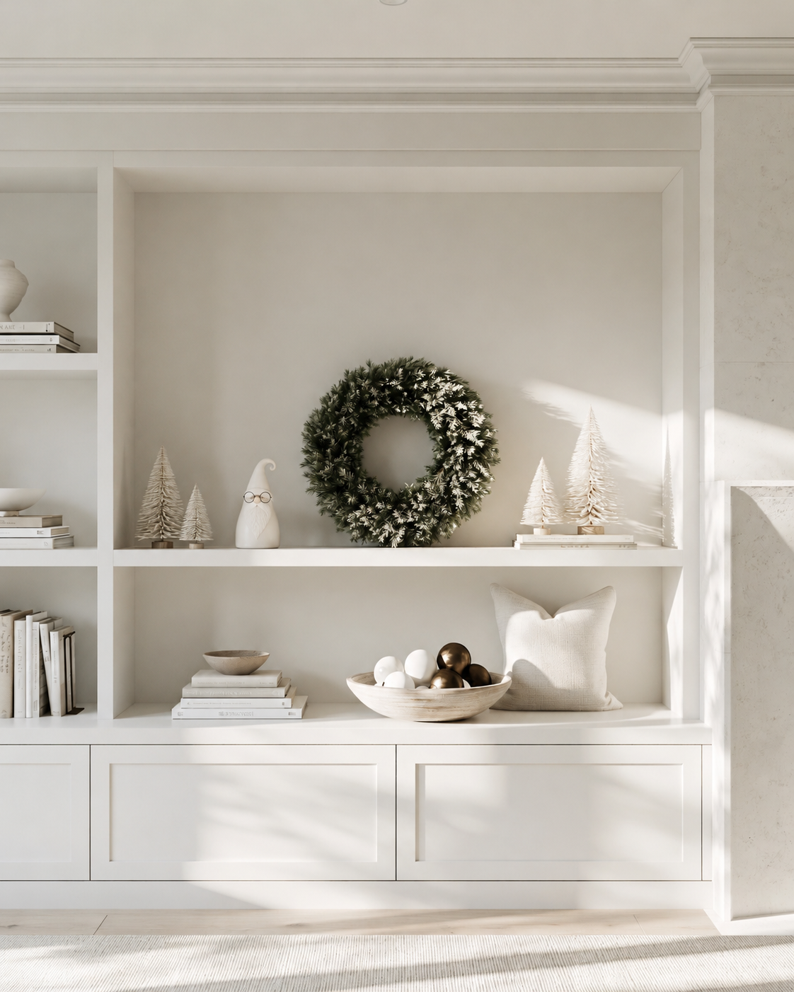 White ceramic Santa with black metal glasses on a white shelf beside bottle brush trees and a wreath