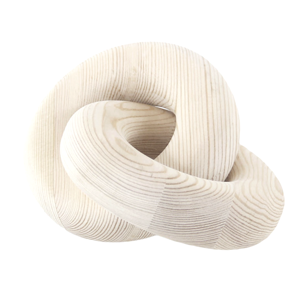 Wooden knot sculpture in natural wood, carved grain visible, on a plain background