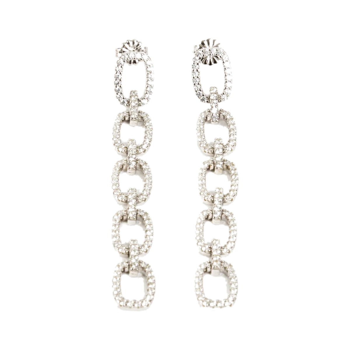 Chained Earrings by Federation, long drops of crystal-edged oval links, hanging straight on white