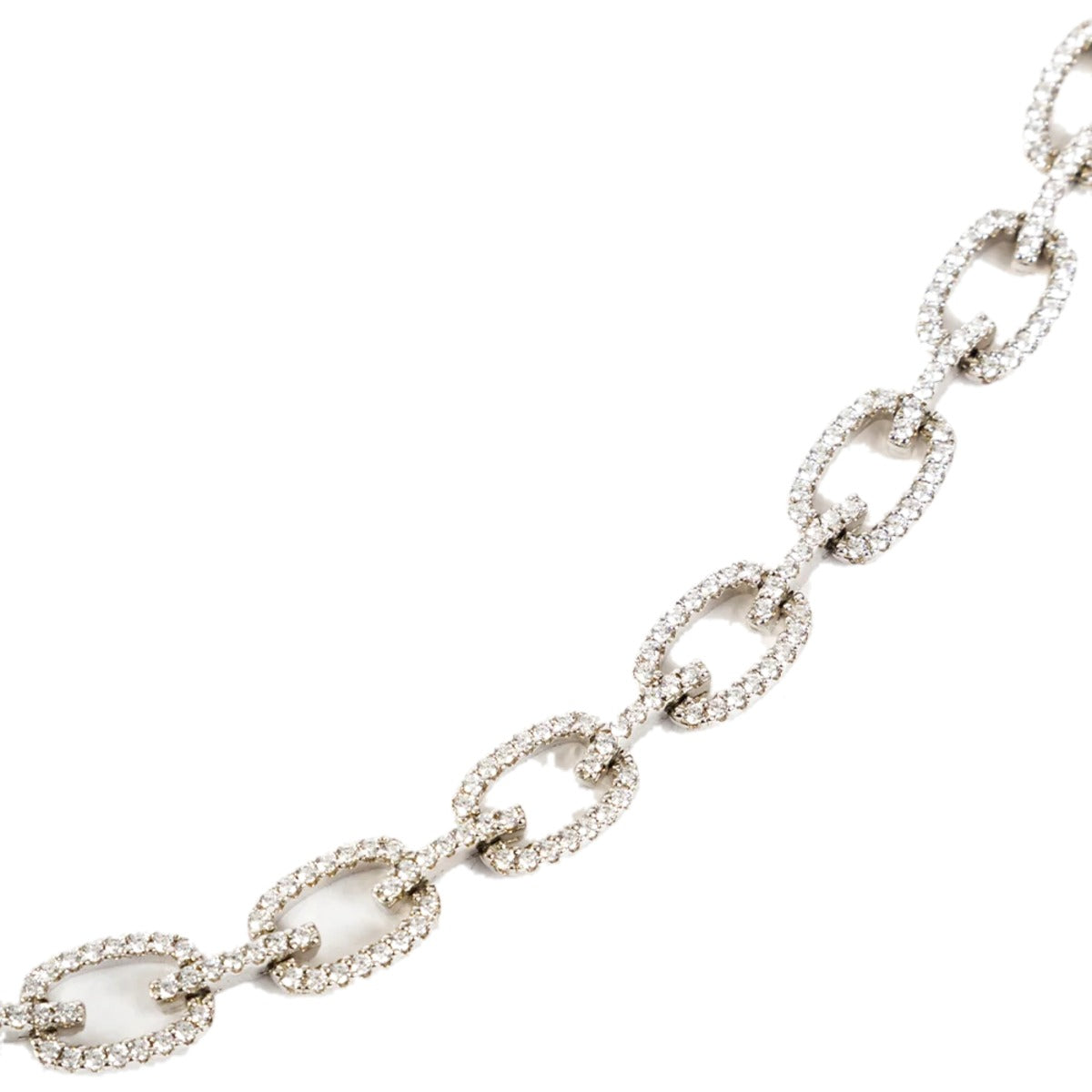 Chained Necklace by Federation, close view of oval silver links edged in clear crystals