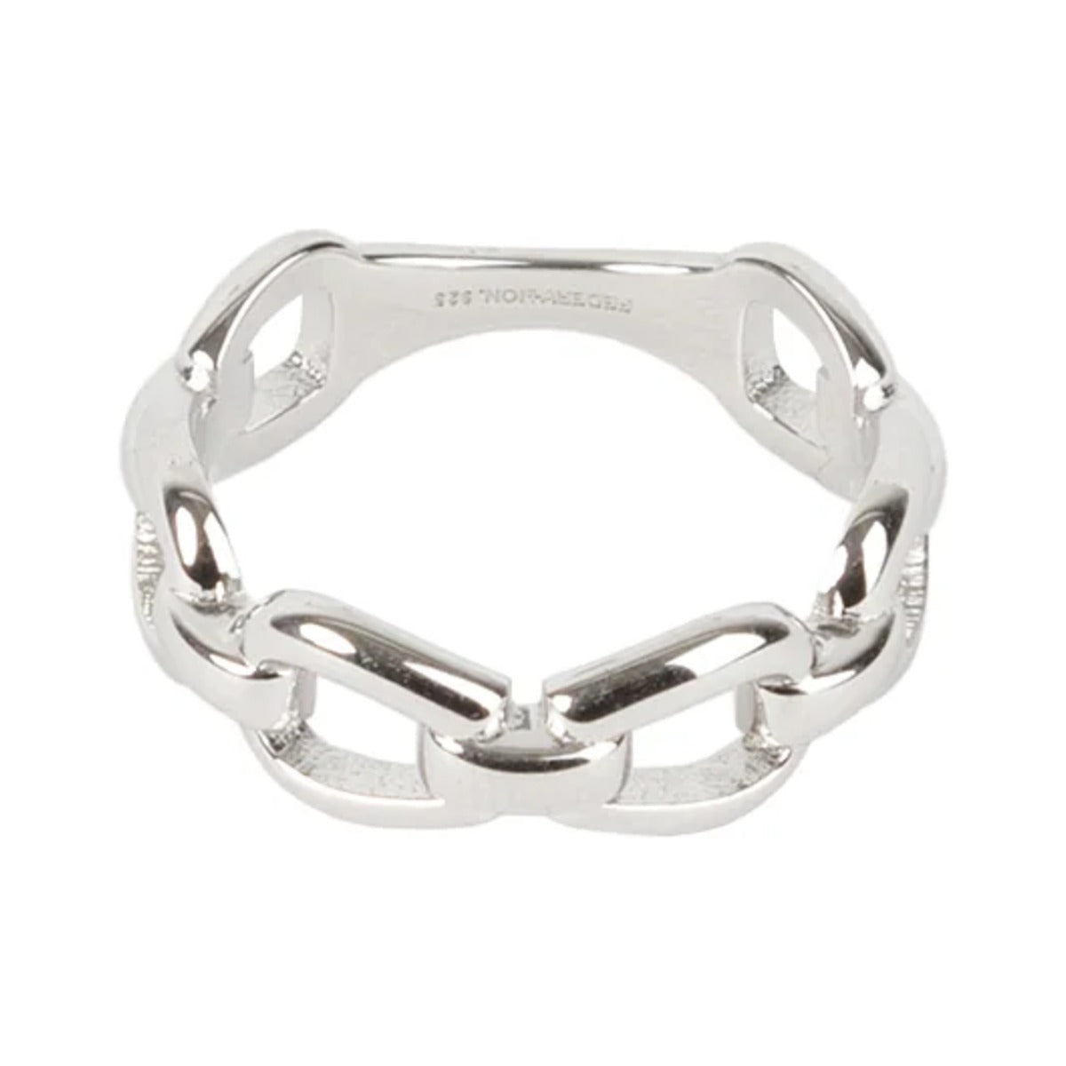 Chained Ring by Federation, sterling silver ring made of linked oval chain links, on white