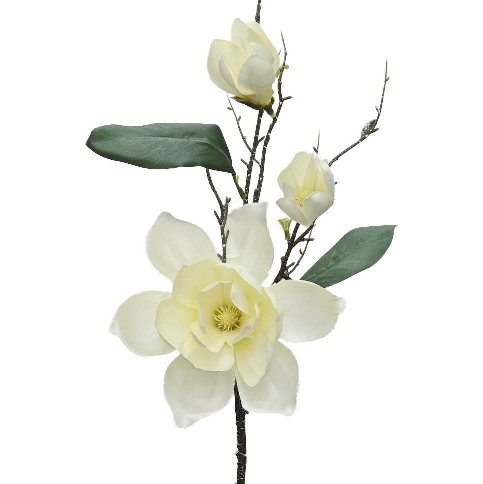 Ivory faux Chateau Magnolia stem shown full length, with three open blooms, buds and deep green leaves on a woody branch.