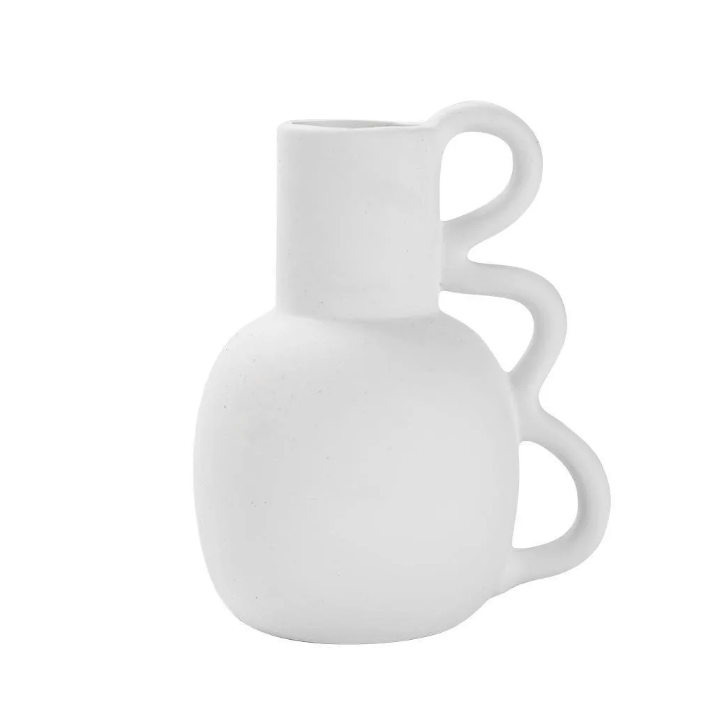 Chloe ceramic vase in matte white with two squiggle handles, on a plain background