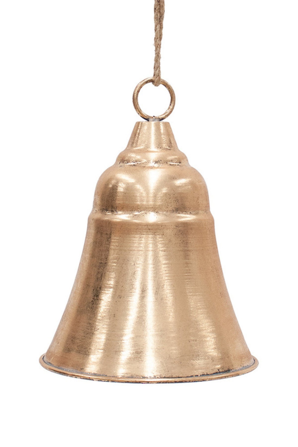 Large soft gold metal chorus bell hanging Christmas decoration on a jute loop