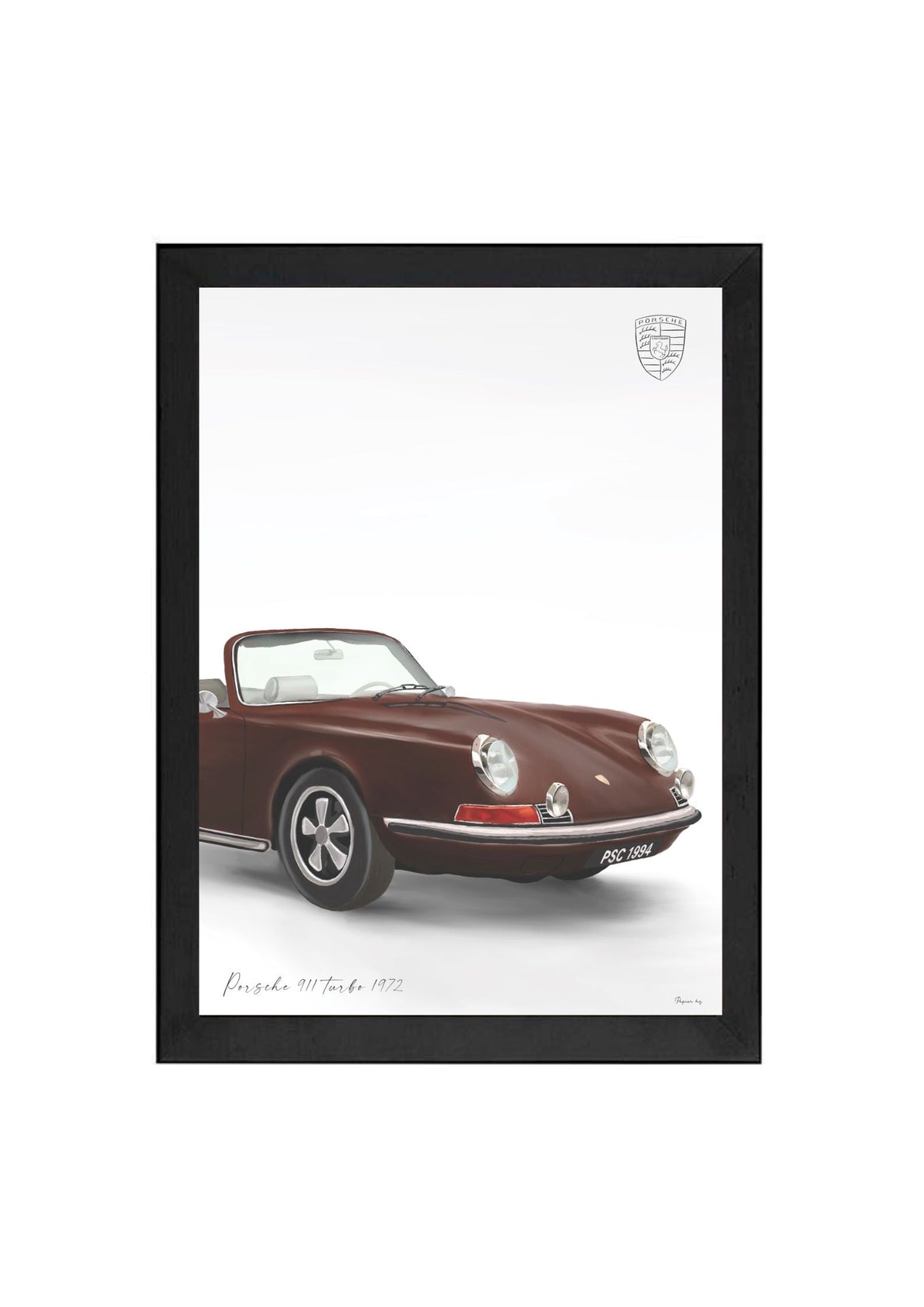 Classic 911 Car Print in Brown by Papier HQ in a matte black frame, a brown sports car on a neutral background