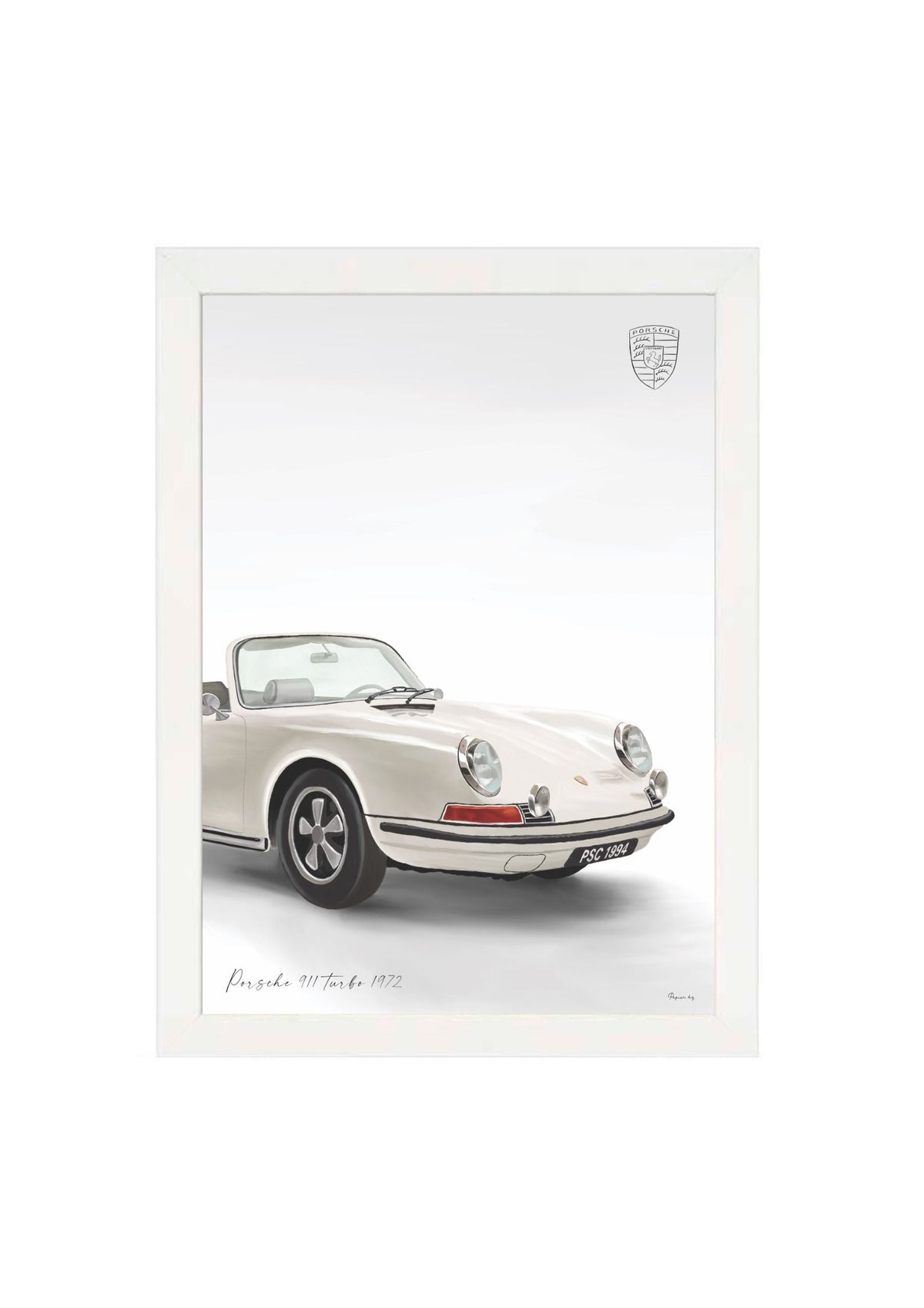 Classic 911 Car Print by Papier HQ in a matte white frame, a white open-top sports car on a neutral background