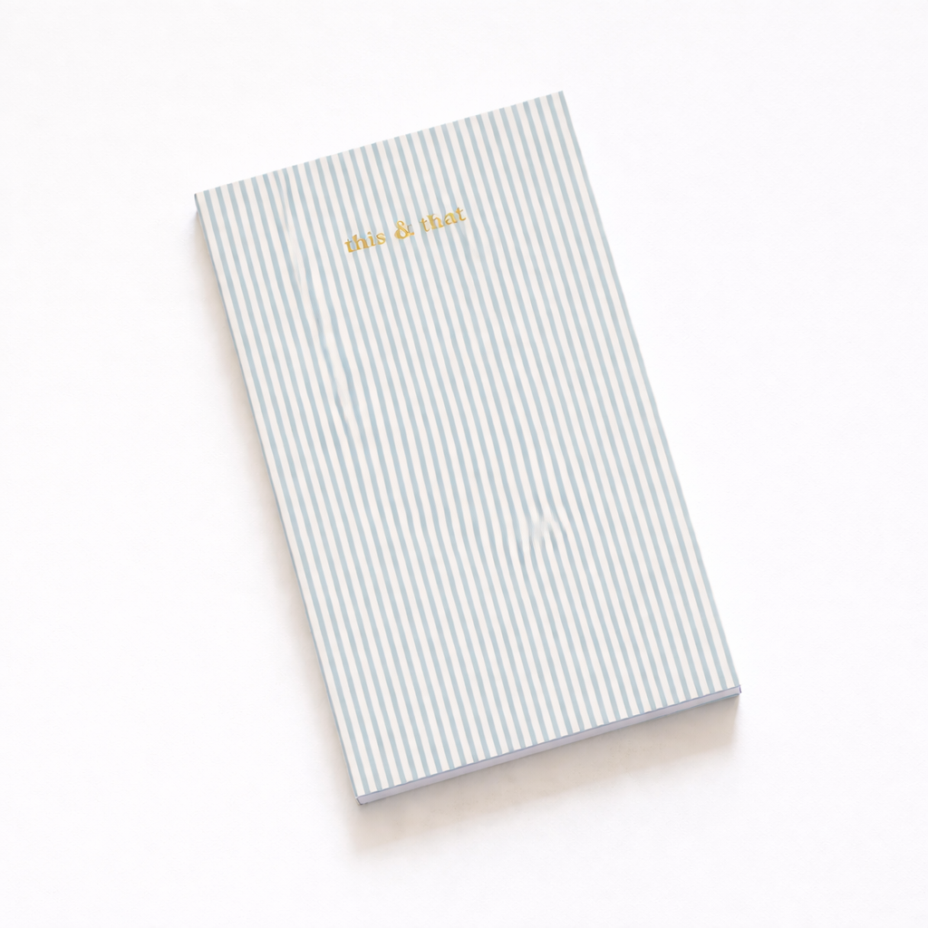 Coast notebook by Papier HQ with soft blue pinstripes and gold foil this & that lettering