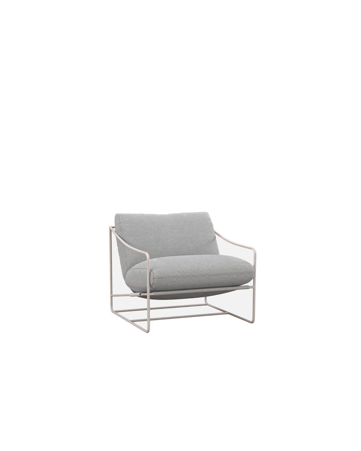 Coco Sling Chair by Ned Collections, deep pale grey cushions slung in a slim pale aluminium frame, on a white background
