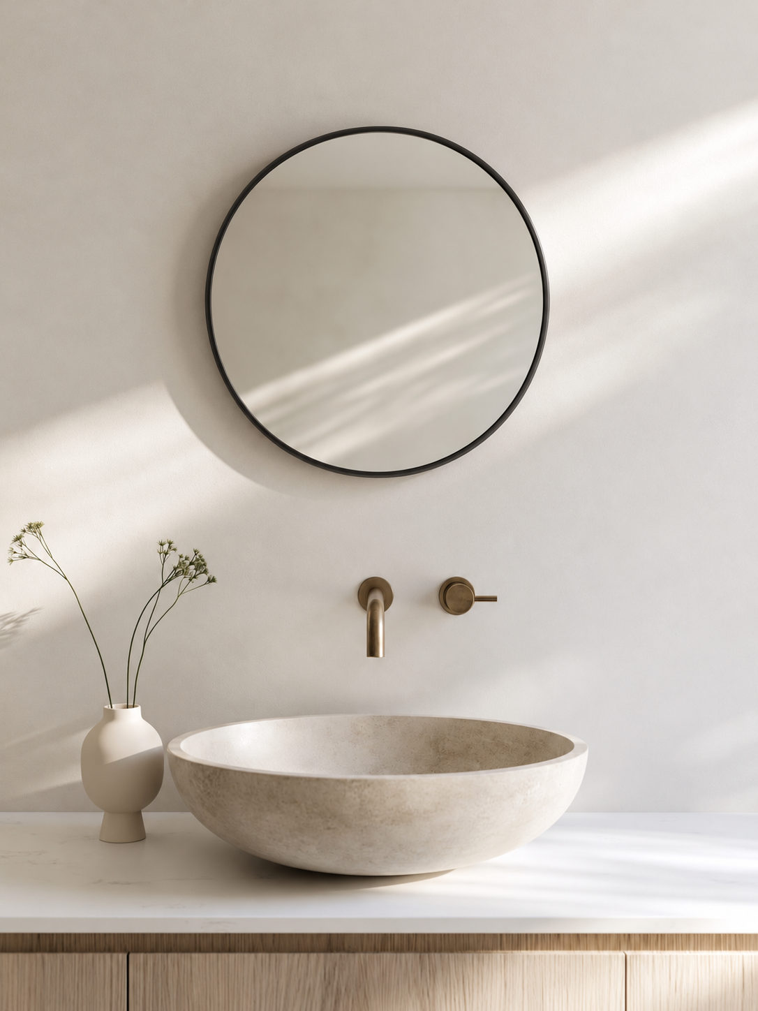 Crane Round Wall Mirror with black frame above a stone basin in a warm neutral bathroom