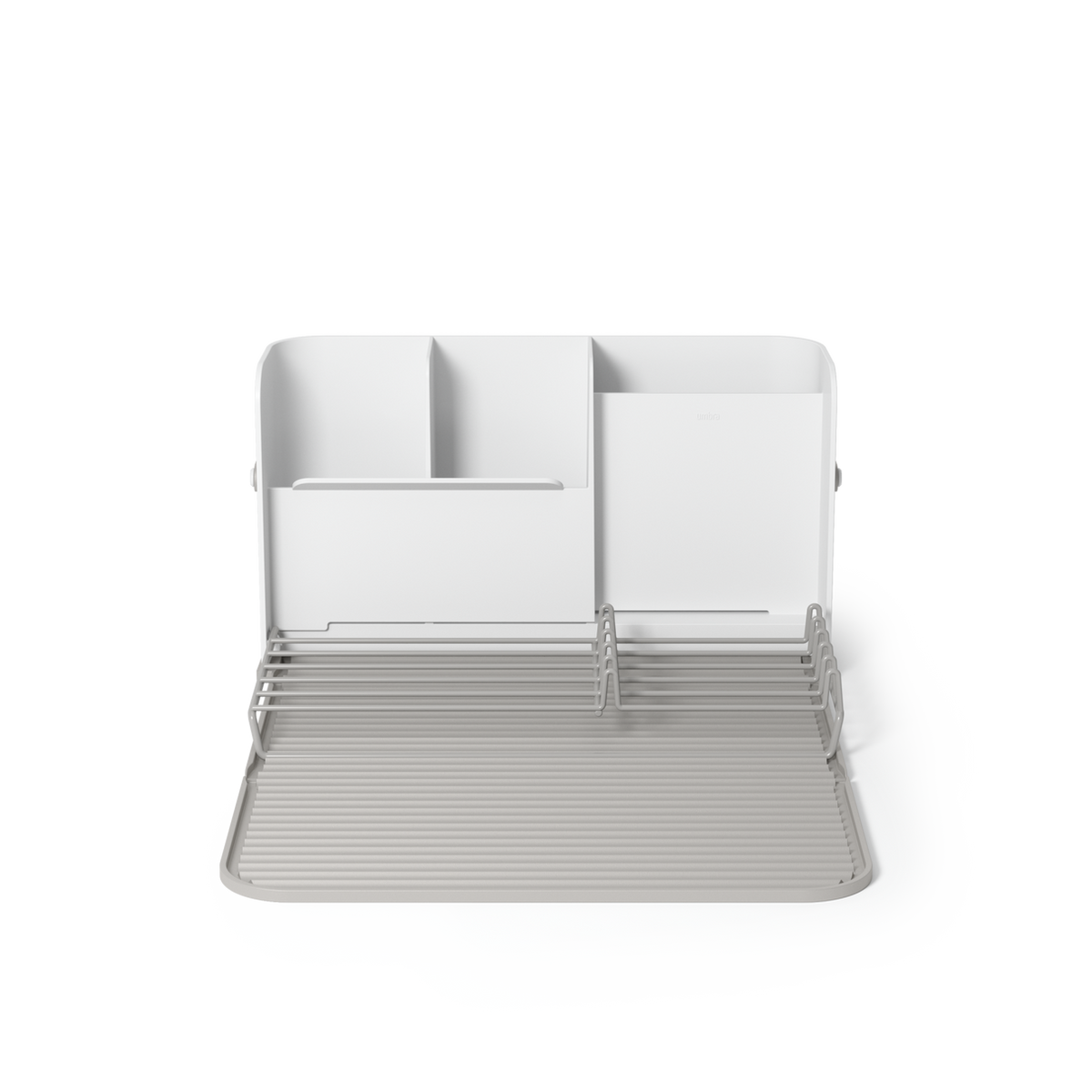 Umbra Sling dish rack seen from the front, utensil caddies above the drying mat