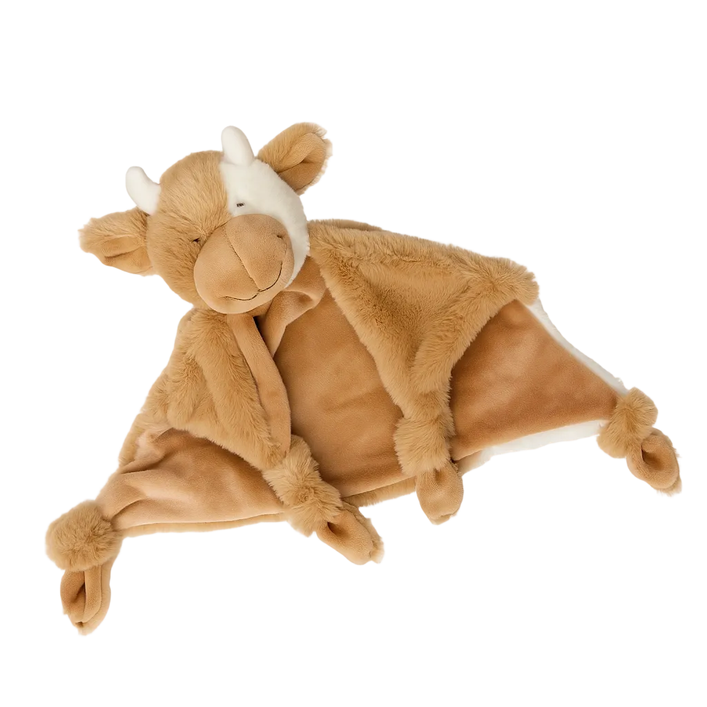 Daisy the Cow comforter by Lily & George with soft brown and white patches, plush baby comforter toy