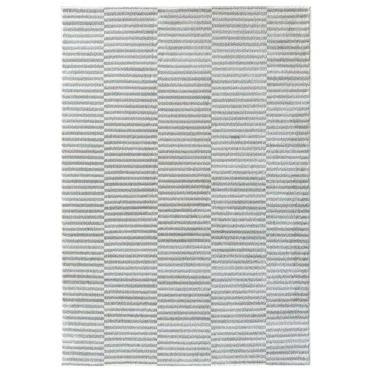 Danu Rug with broken cream and dark grey stripes, shown flat on white