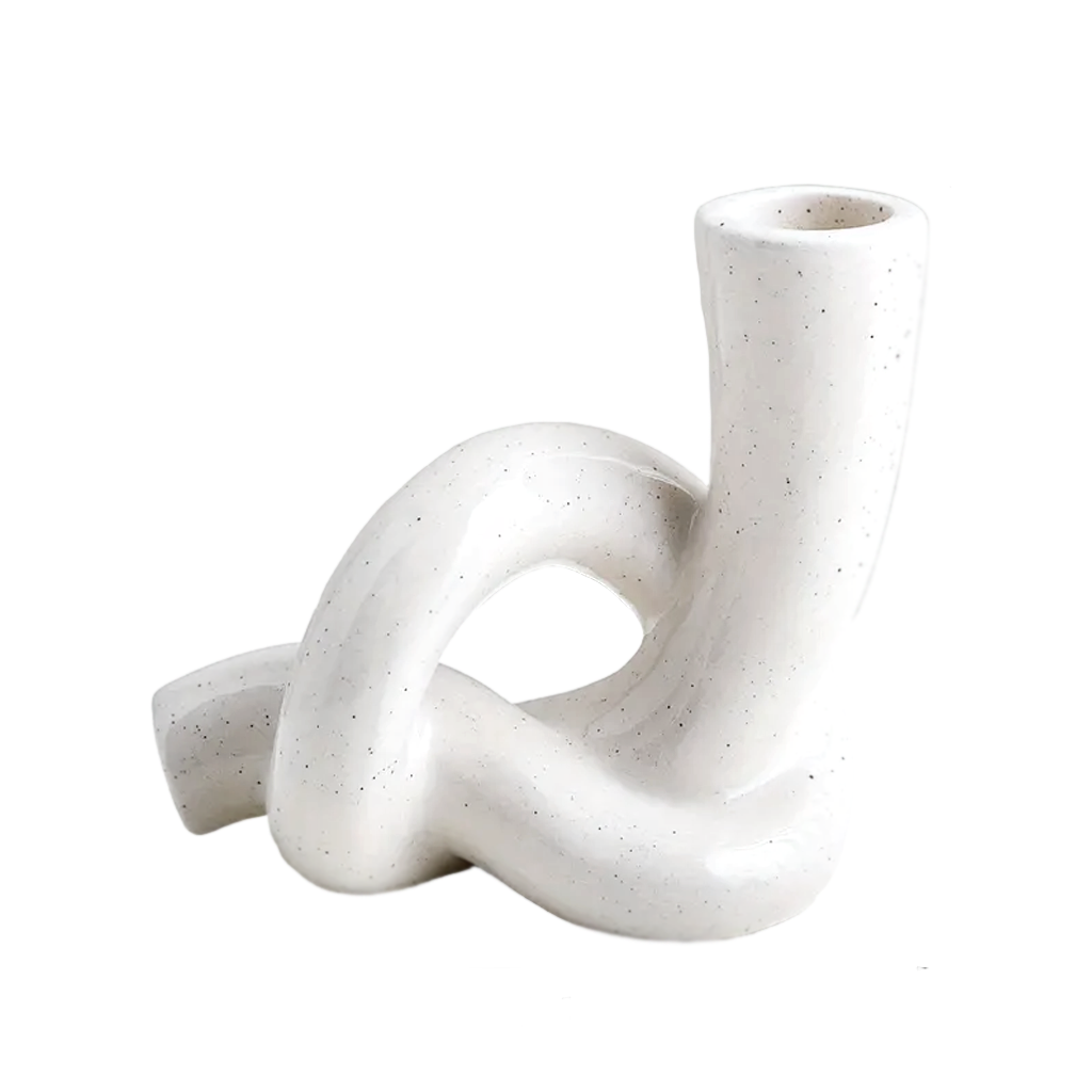 Speckled white glazed ceramic knot candle holder, a looped tube form with a taper socket, on white