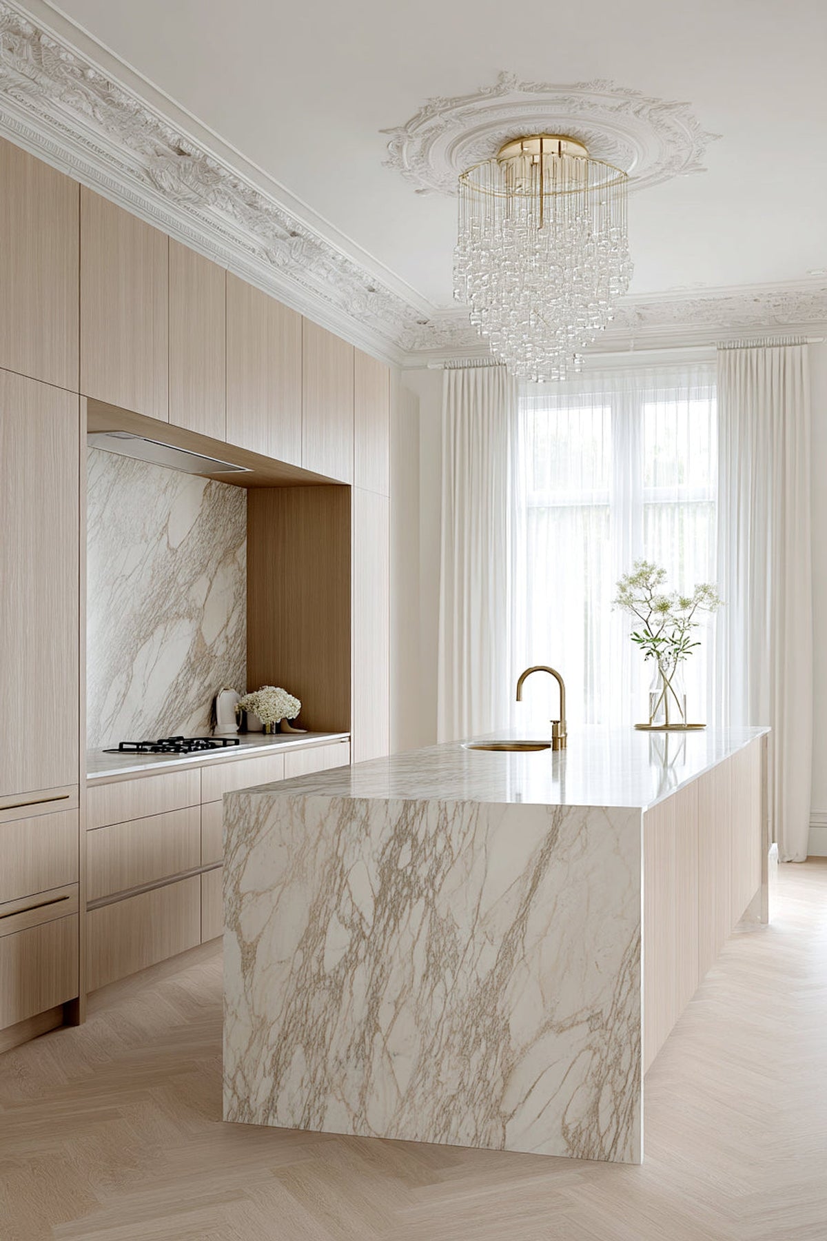 Marble kitchen with a small vase of flowers on the island