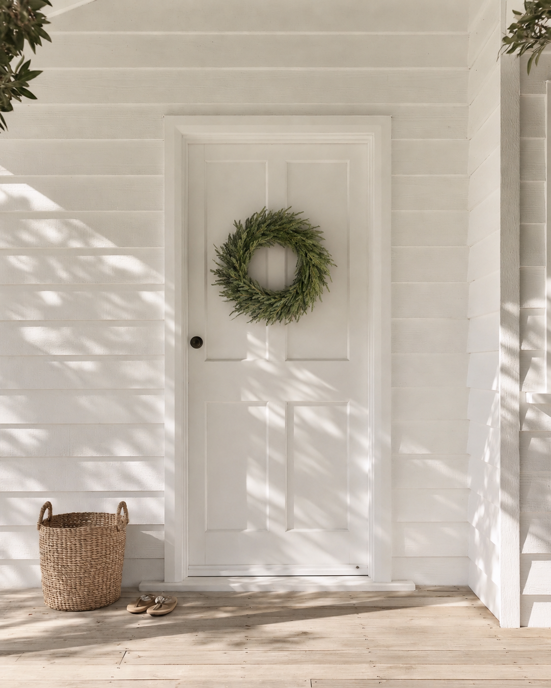 Nordmann Fir Wreath on a white front door of a coastal weatherboard bach beside a woven basket