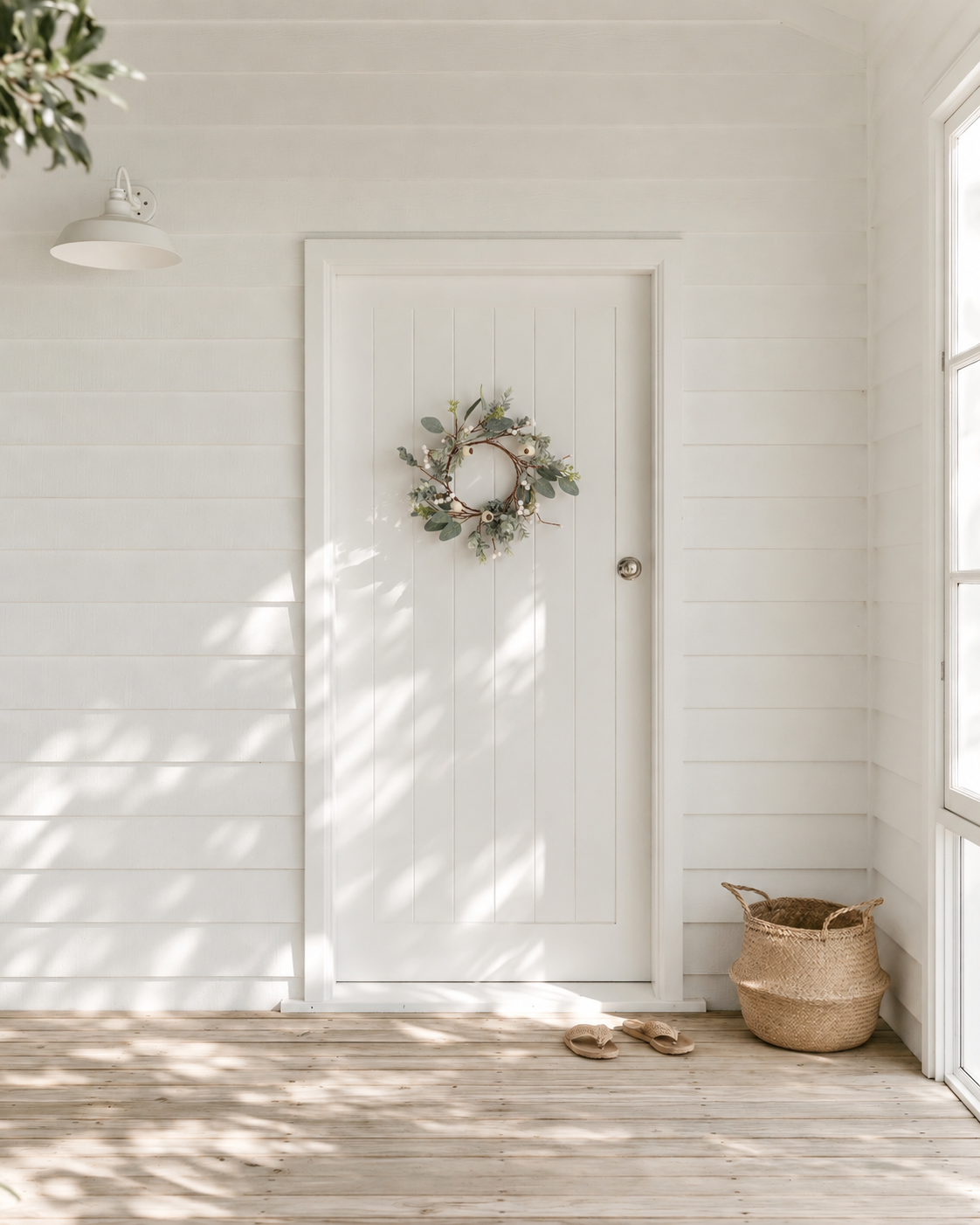 Podberry Wreath in cream and sage on a white tongue and groove door of a coastal bach