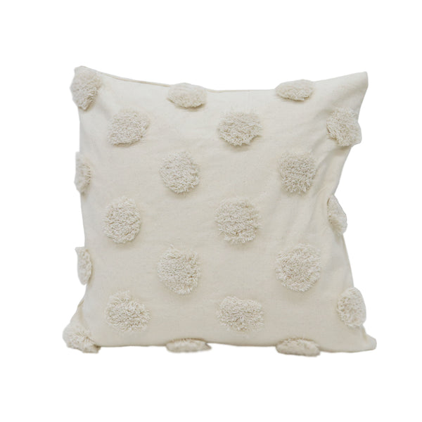 A white cotton Boho Dot Cushion adorned with natural white pom poms, featuring specified dimensions, by Flux Home.