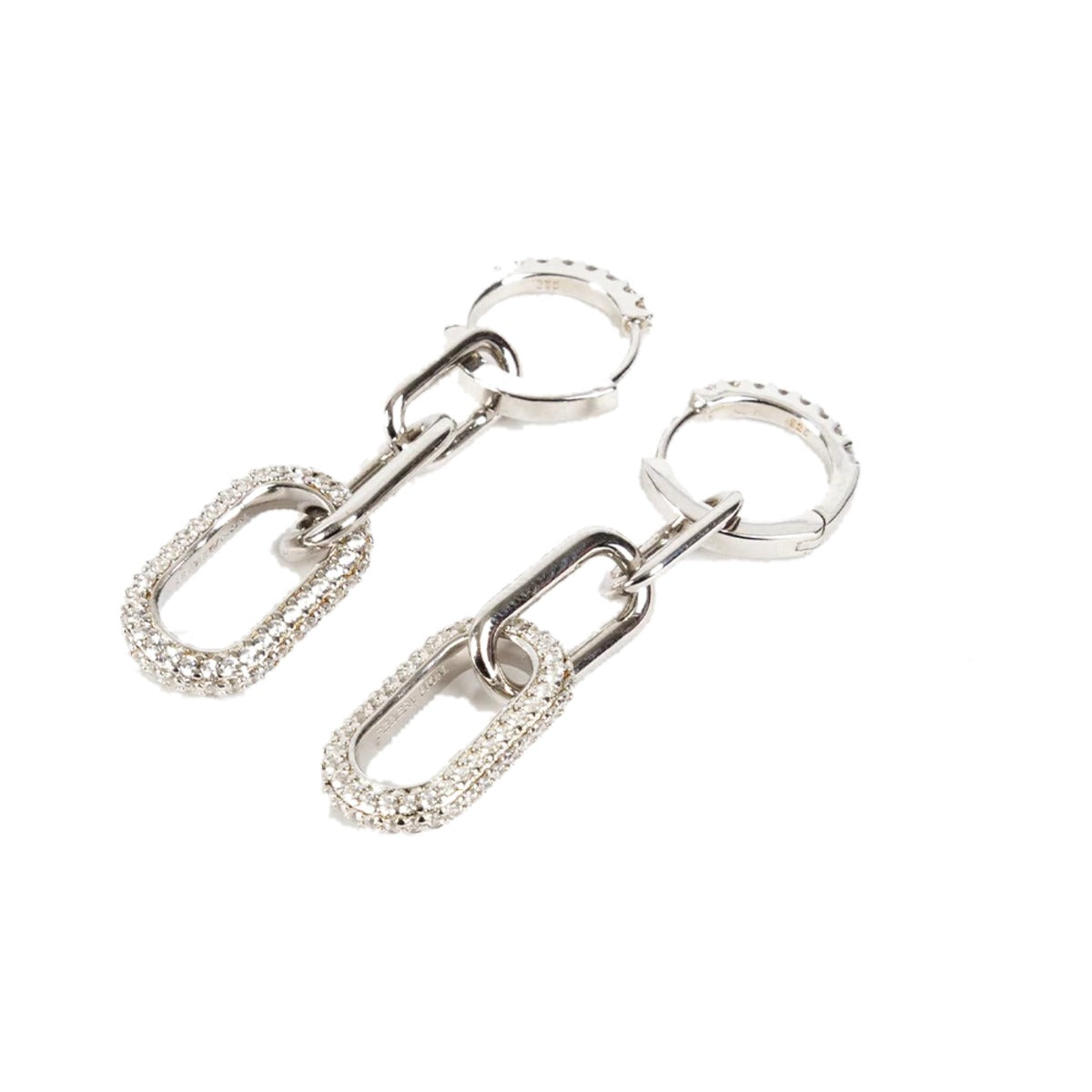 Dropping Chain Earrings by Federation, crystal huggie hoops with oval chain link drops, on white