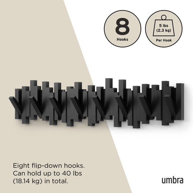 Umbra Sticks 8 hook rack in black, eight flip-down hooks holding up to 18kg in total