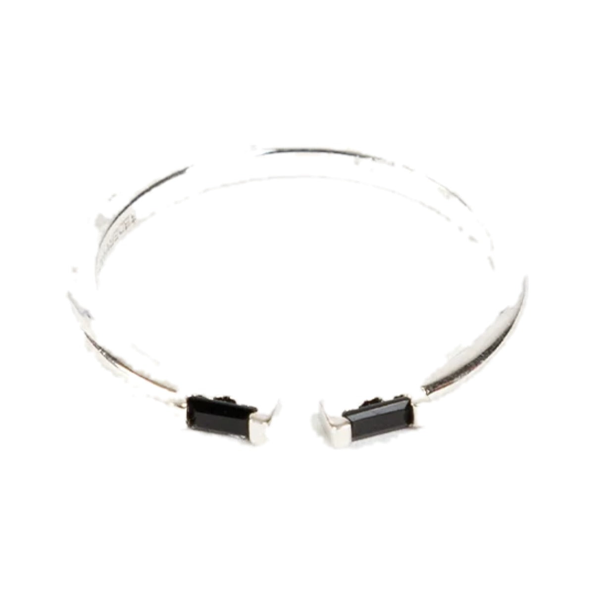 Duo Stone Ring by Federation, open silver band with two black baguette stones at the ends, on white