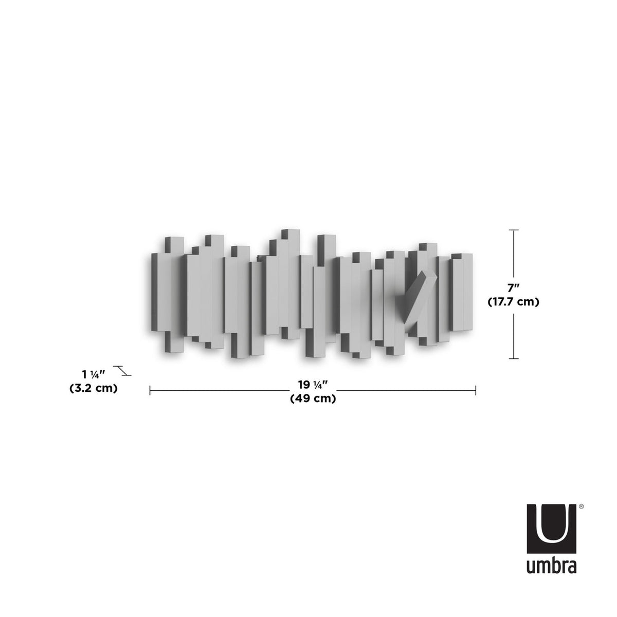 Umbra Sticks 5 hook rack dimension diagram, 45cm wide by 17.7cm high