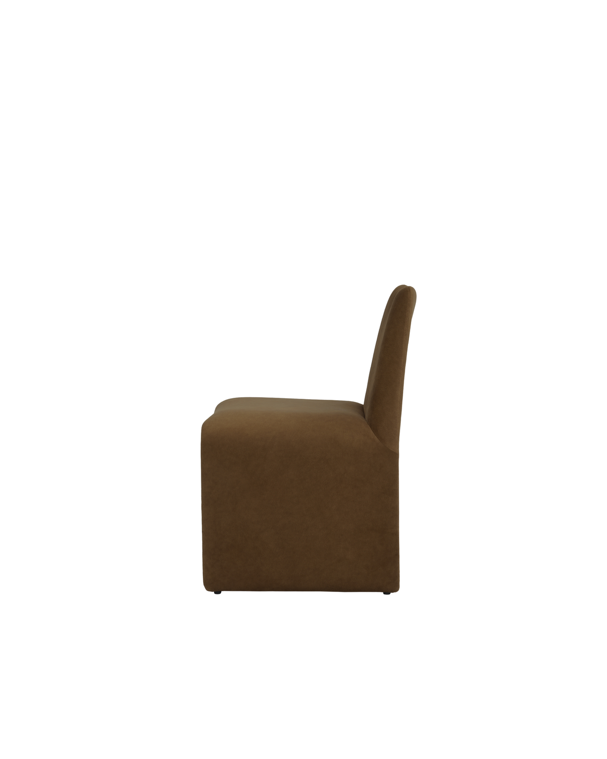 Side profile of the darker upholstered chair showing the seat depth and backrest angle