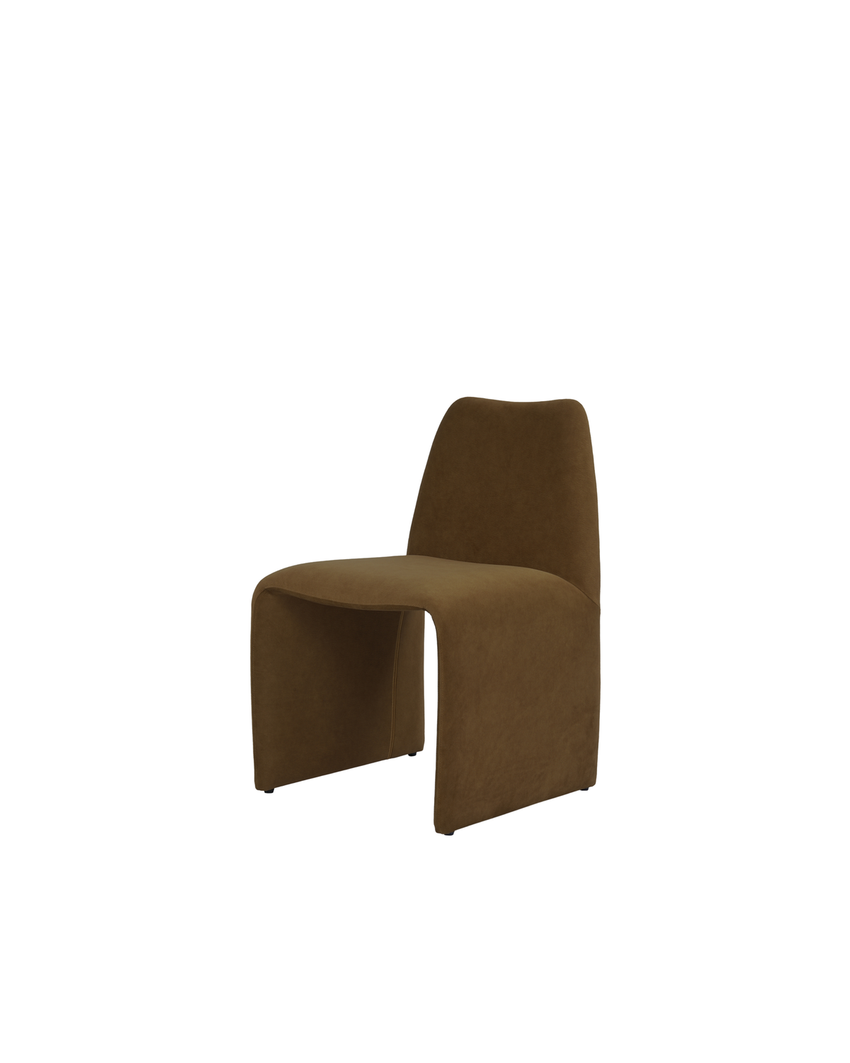 Easy Chair by Ned Collections, curved upholstered dining chair in the darker colour, three-quarter view