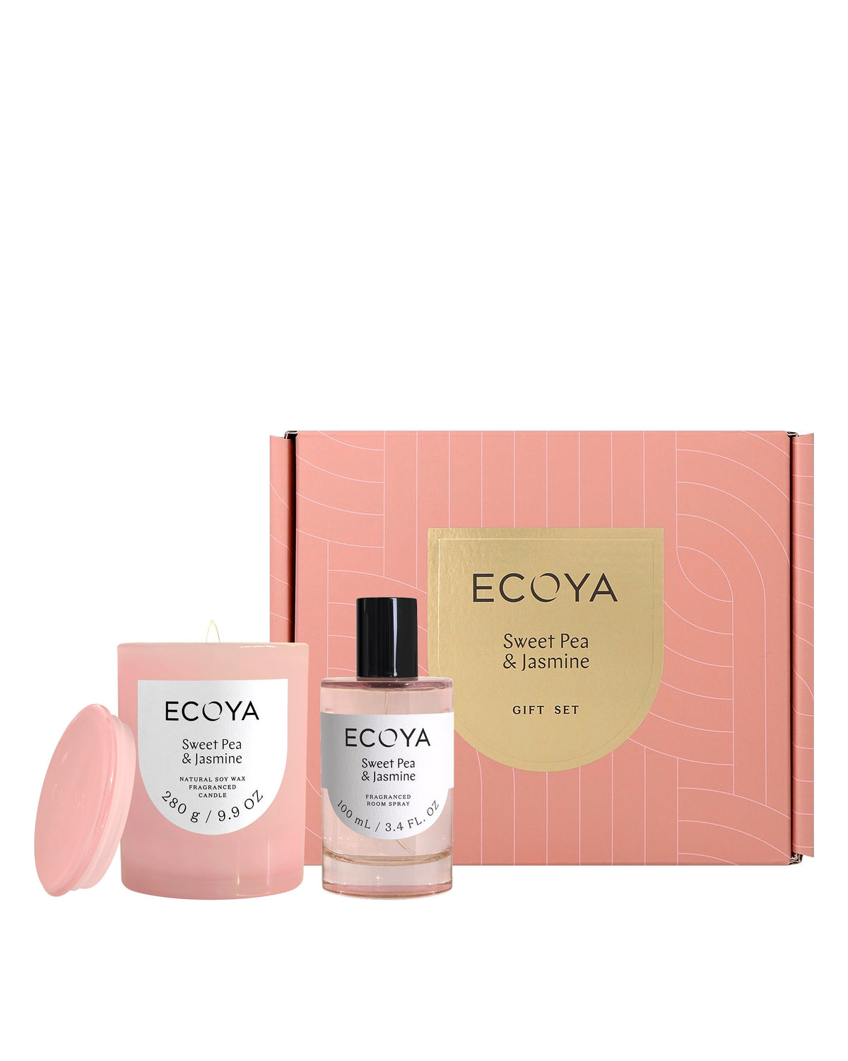 Ecoya Double Act gift set in Sweet Pea and Jasmine with Metro candle, room spray and pink gift box