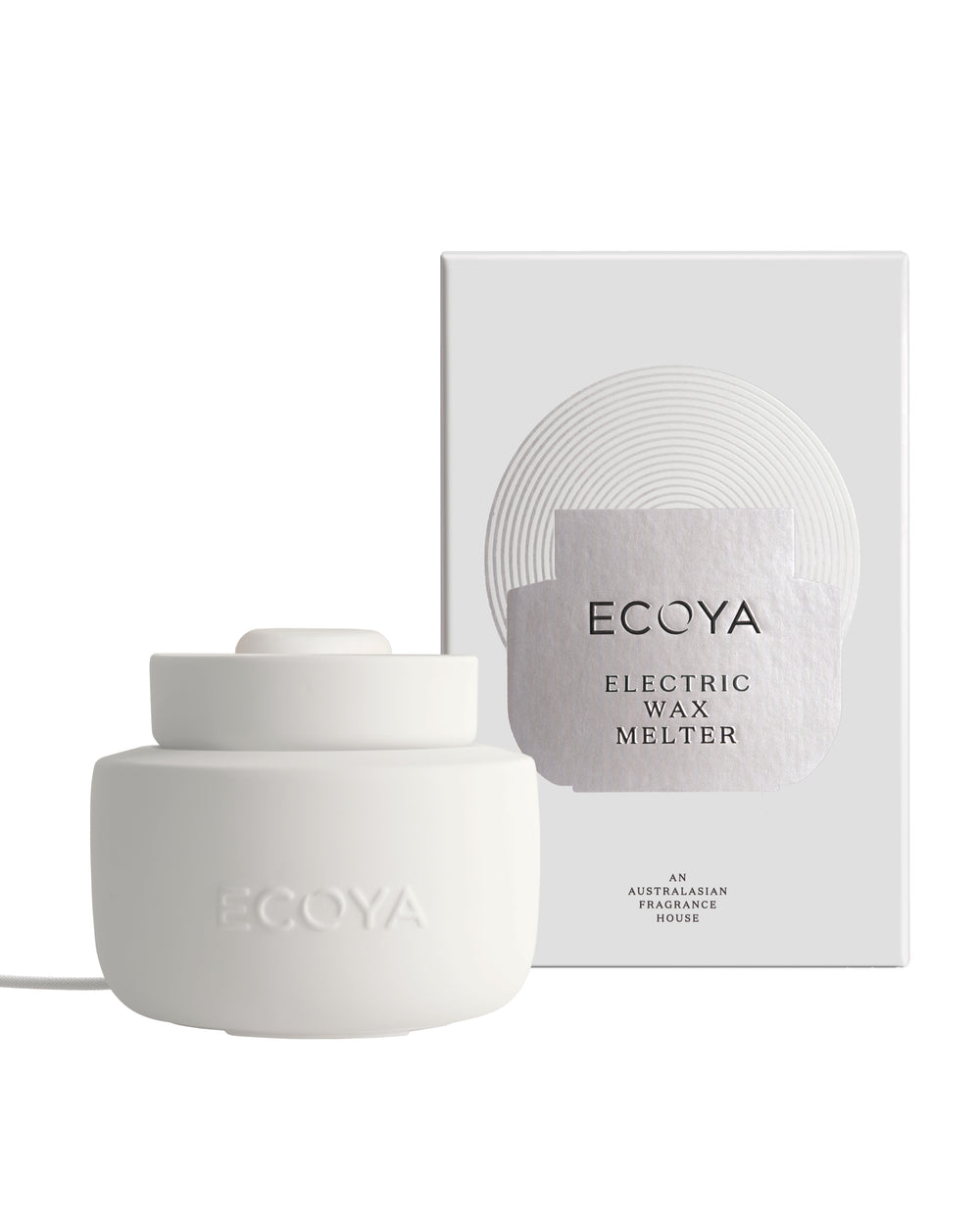 ECOYA Electric Wax Melter in white ceramic finish beside its box packaging on a white background.