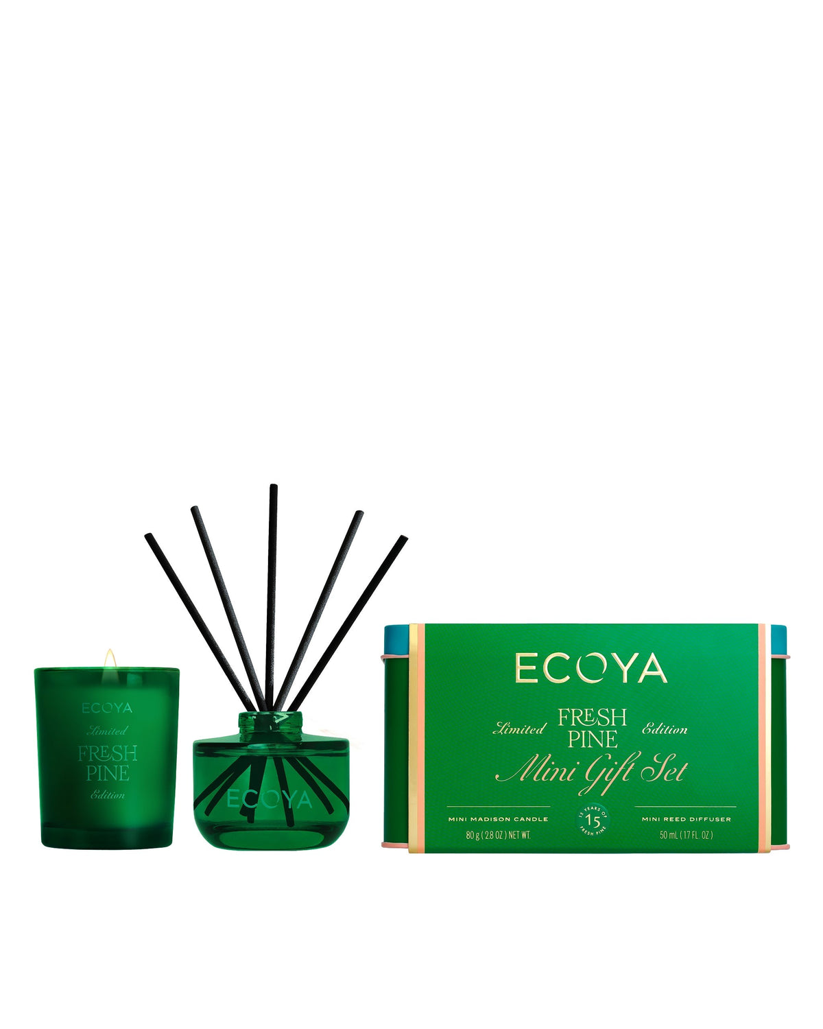Ecoya Fresh Pine Mini Gift Set with mini candle, mini reed diffuser and festive tin