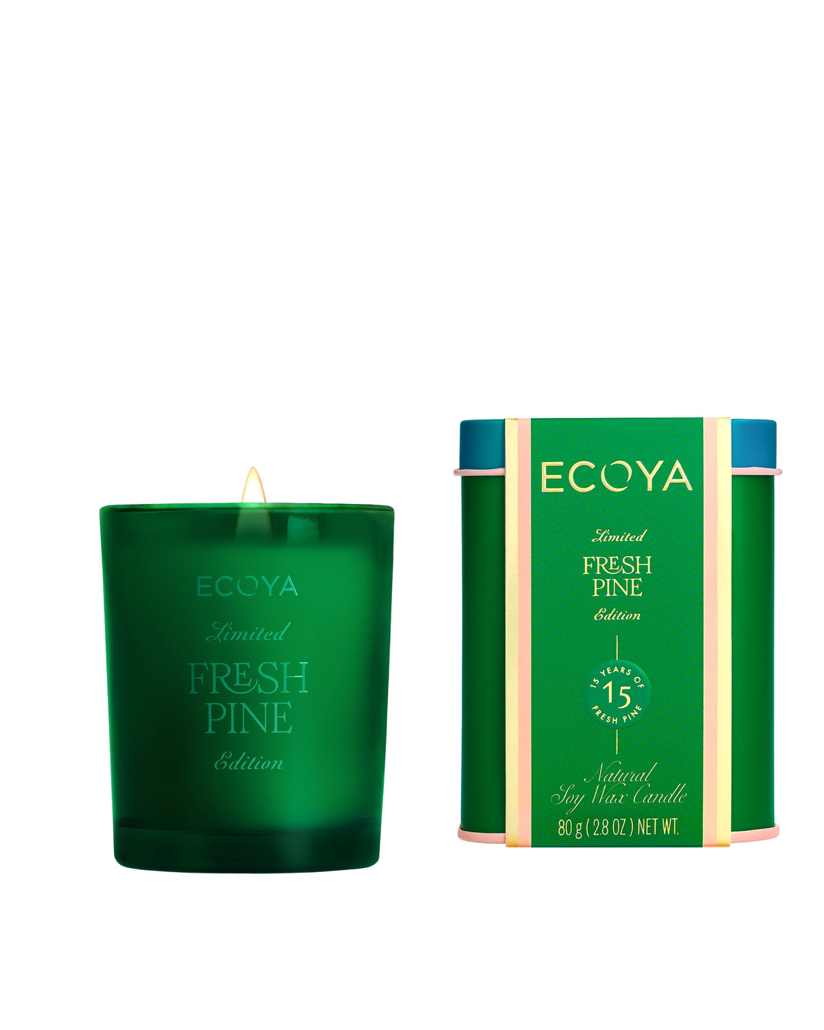 Ecoya Fresh Pine Mini Madison candle 80g in a painted green vessel beside its festive tin