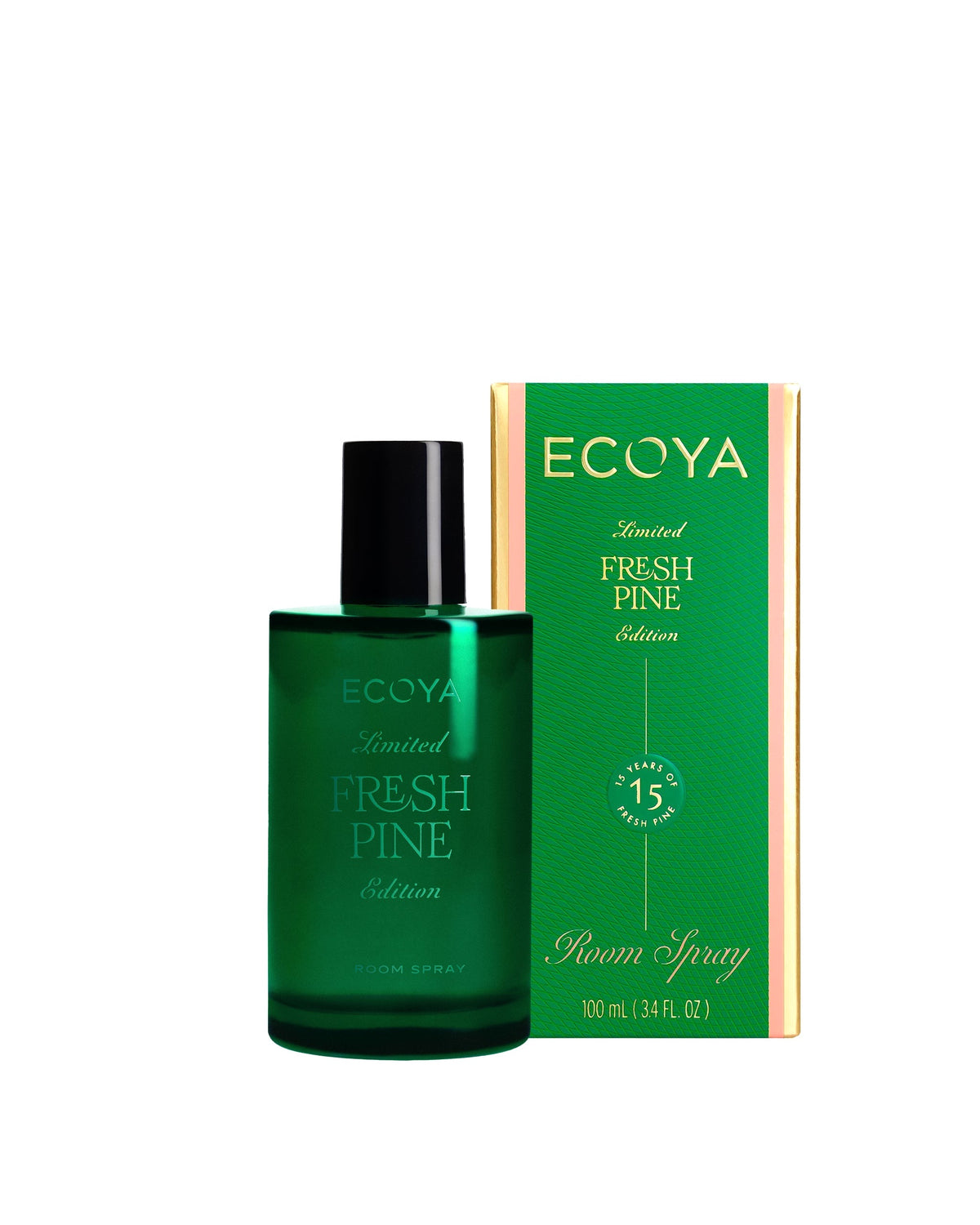 Ecoya Fresh Pine room spray 100ml in a painted green bottle beside its carton