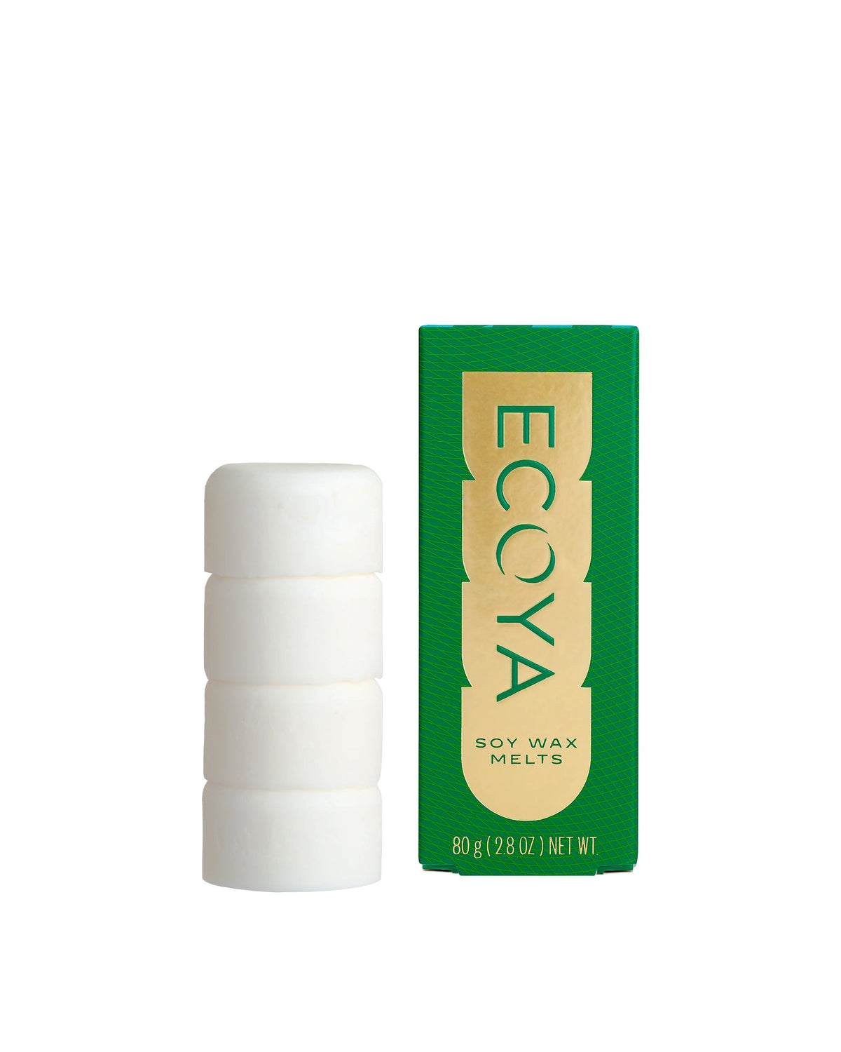 Ecoya Fresh Pine soy wax melts stacked beside their green box