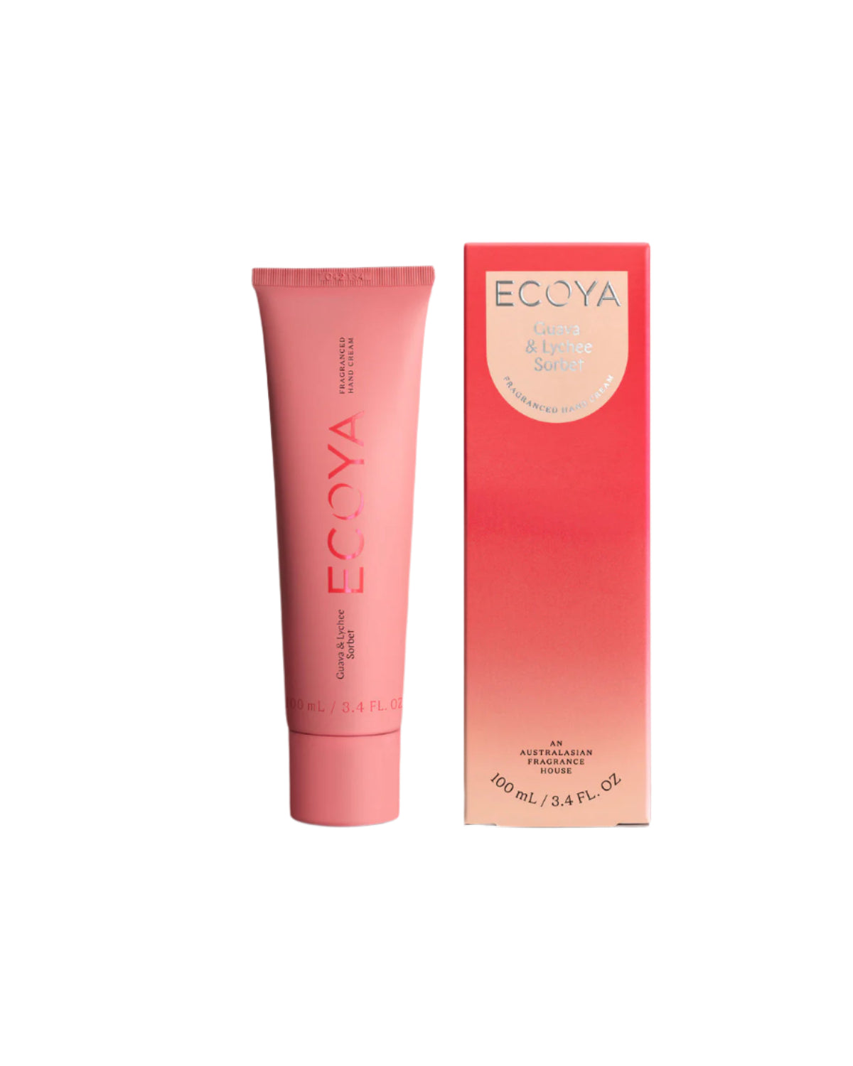 Ecoya hand cream in a red tube beside its red gradient box