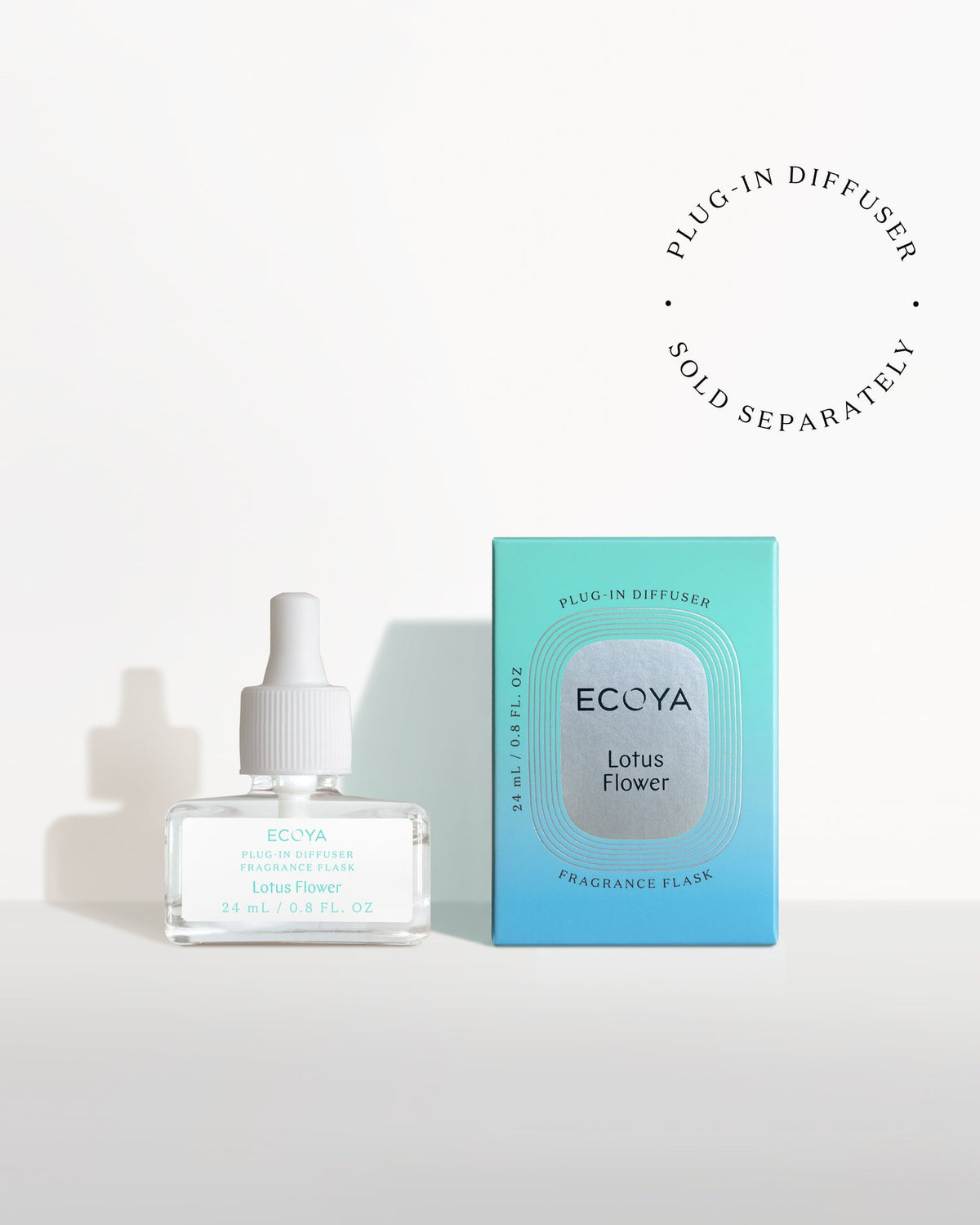 Ecoya Lotus Flower fragrance flask for the Plug-In Diffuser, with its packaging on white