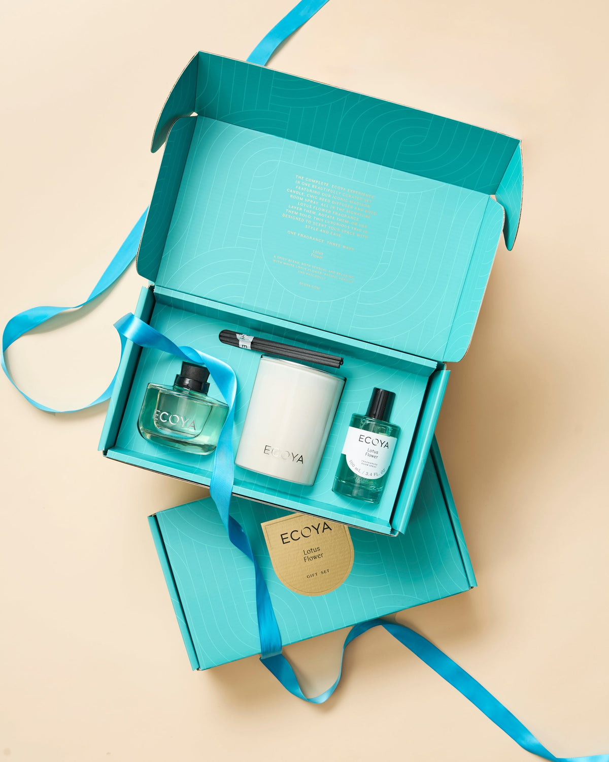 Open Ecoya Luxe Edit turquoise gift box with Lotus Flower candle, room spray and diffuser