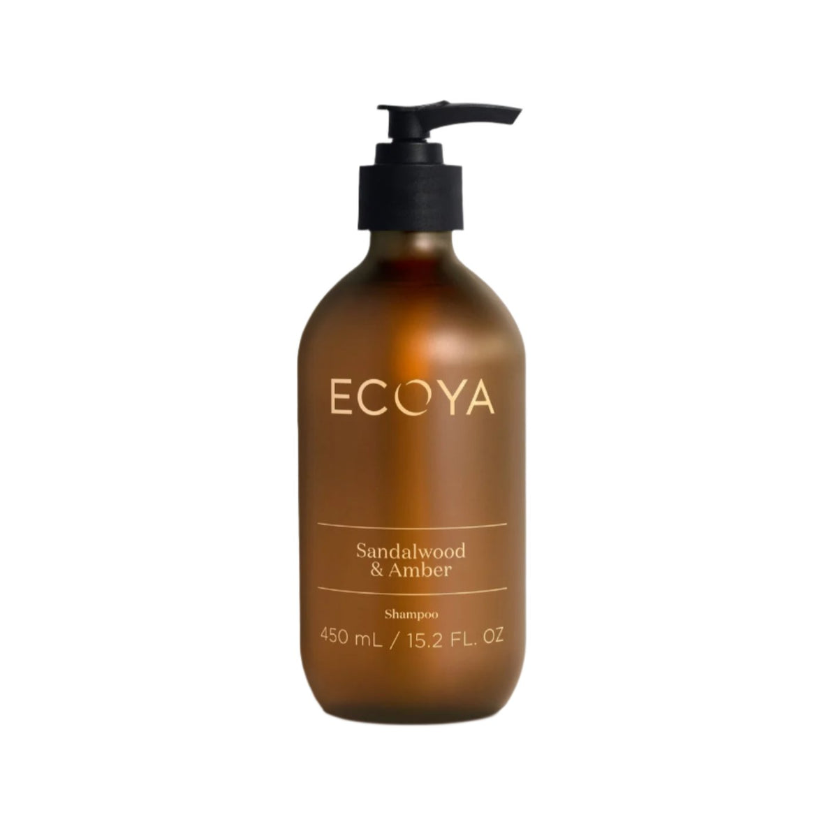 Ecoya Sandalwood & Amber Shampoo in a 450ml amber pump bottle on a white background