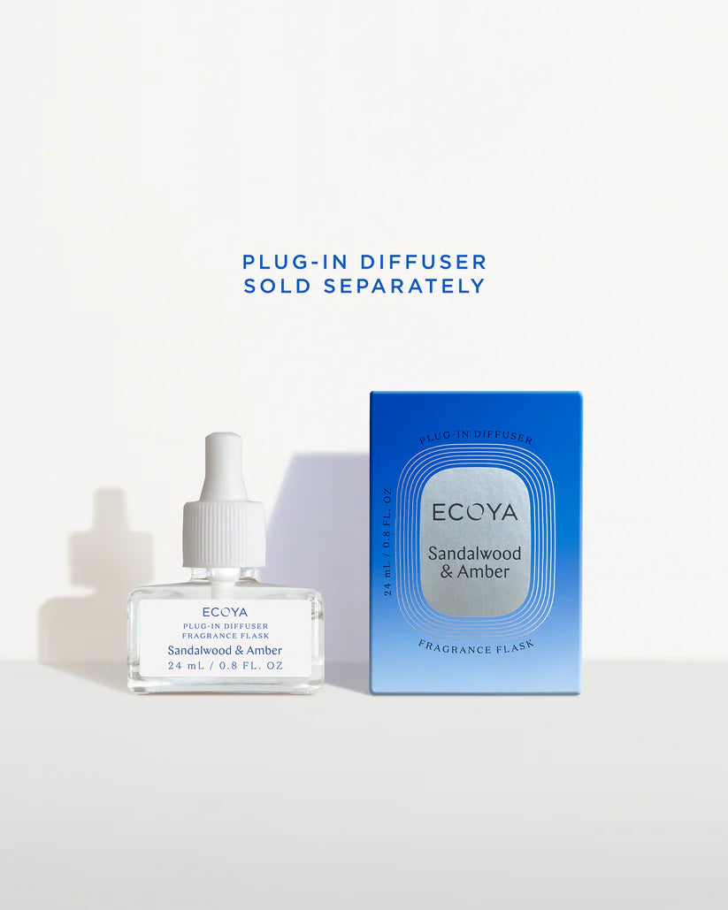 Ecoya Sandalwood and Amber fragrance flask with its blue gradient packaging