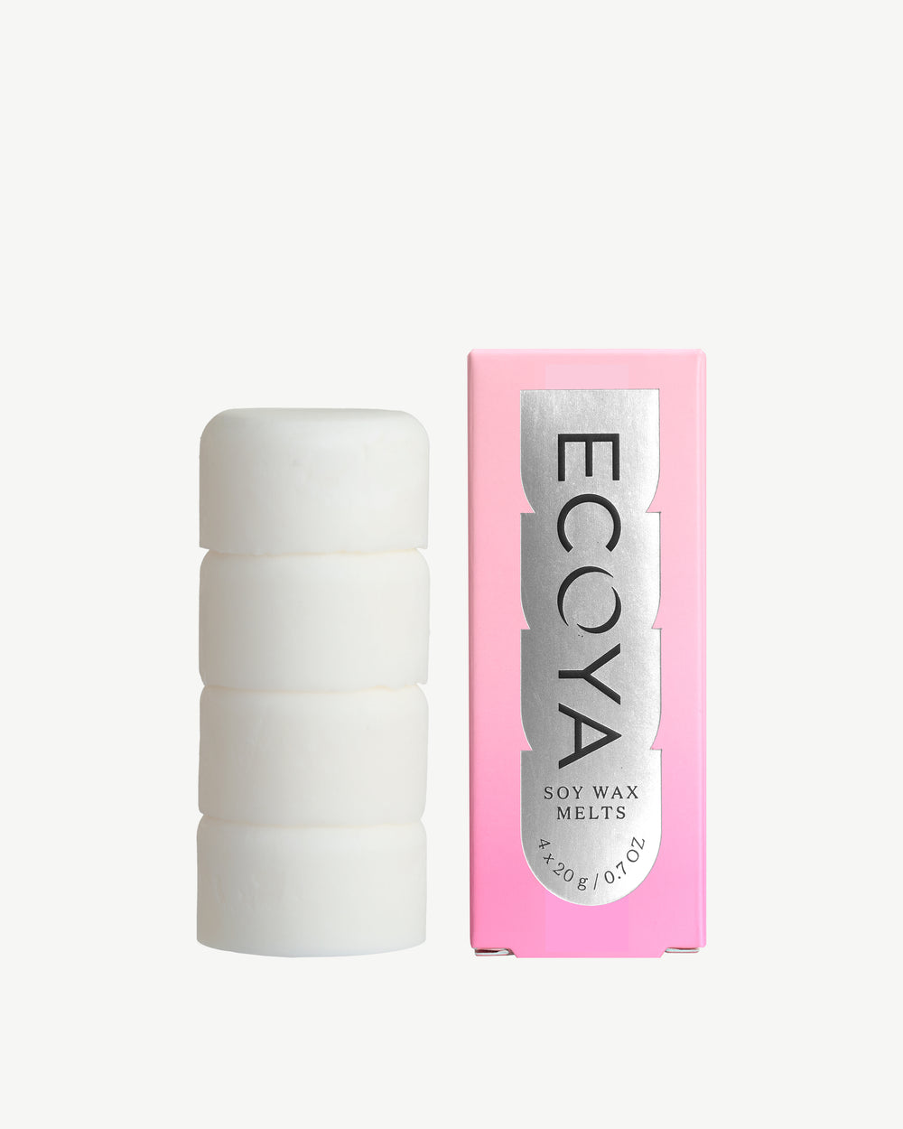 ECOYA Electric Wax Melter in white ceramic beside Sweet Pea & Jasmine Soy Wax Melt pink box packaging on a neutral background.