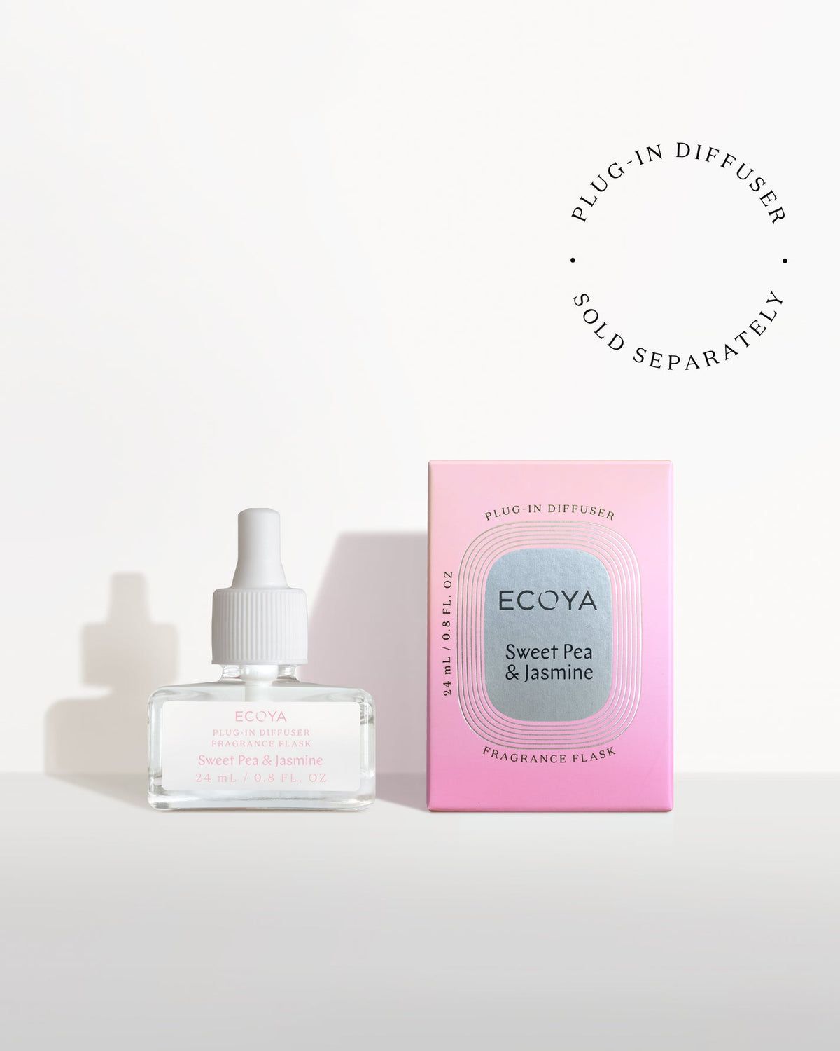 Ecoya Sweet Pea and Jasmine fragrance flask with its pink gradient packaging