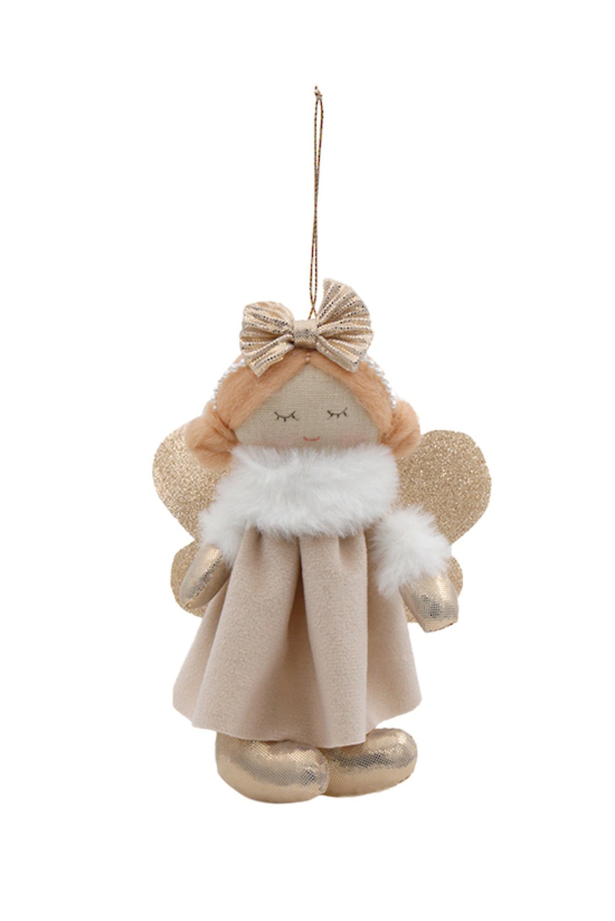 Hanging Christmas angel in latte velvet with a bow and gold wings, 18cm