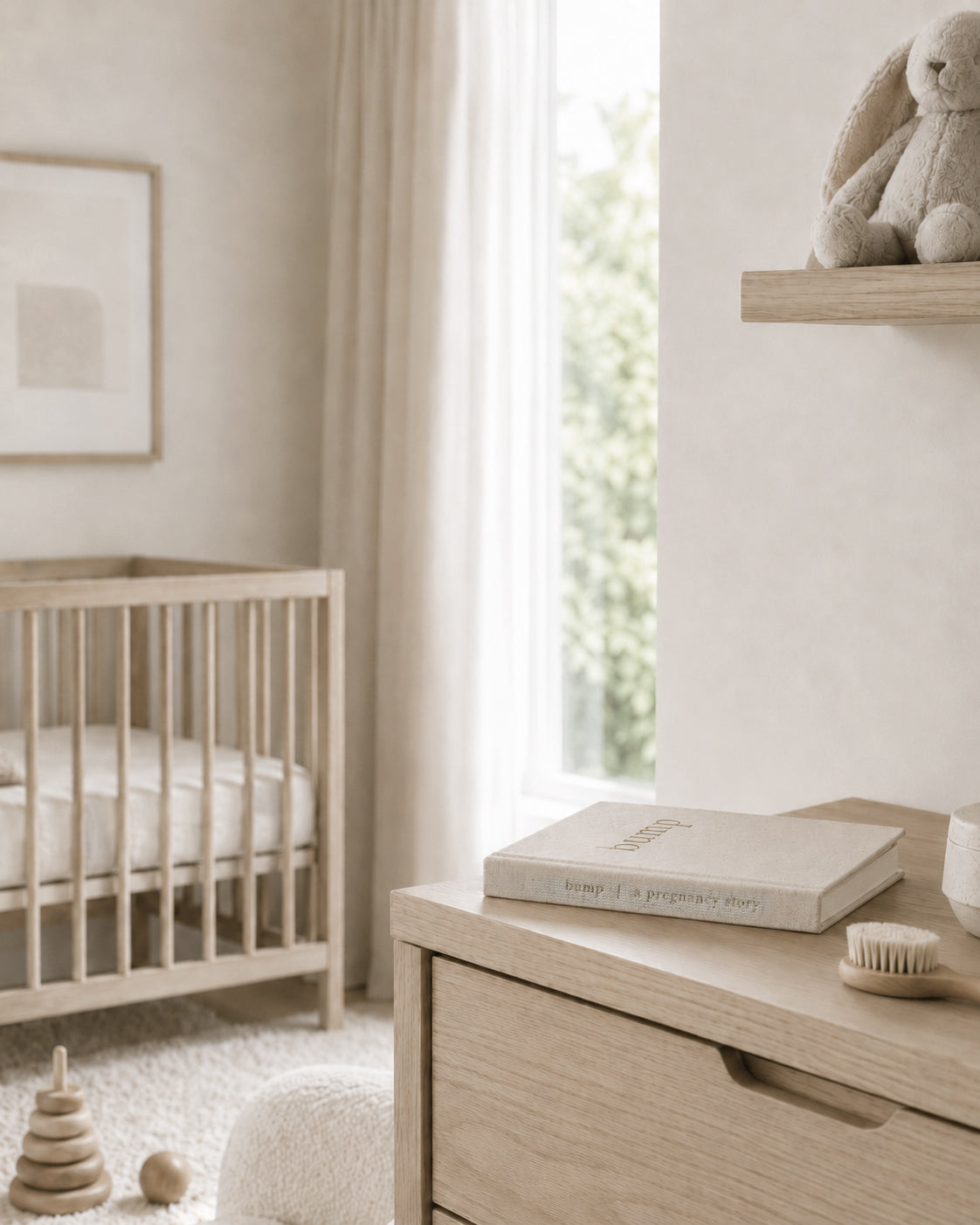 Bump A Pregnancy Story linen pregnancy journal by Write To Me styled in a soft neutral nursery setting