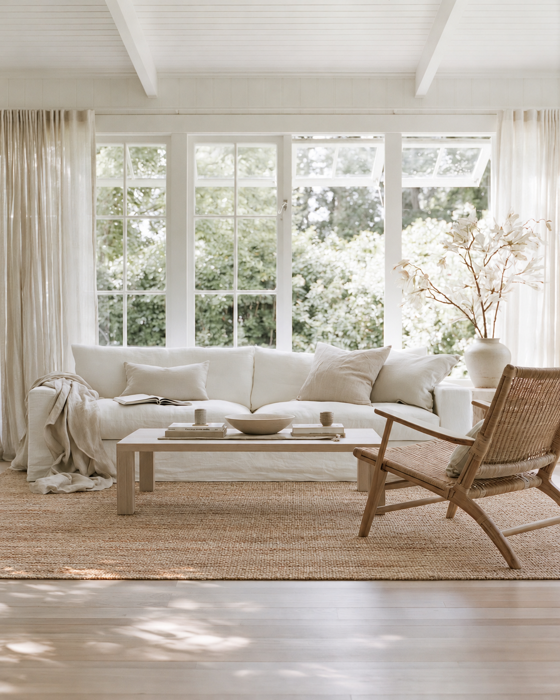 Eka Jute Rug under a pale timber coffee table and rattan lounge chair in a sunlit cottage lounge with garden windows